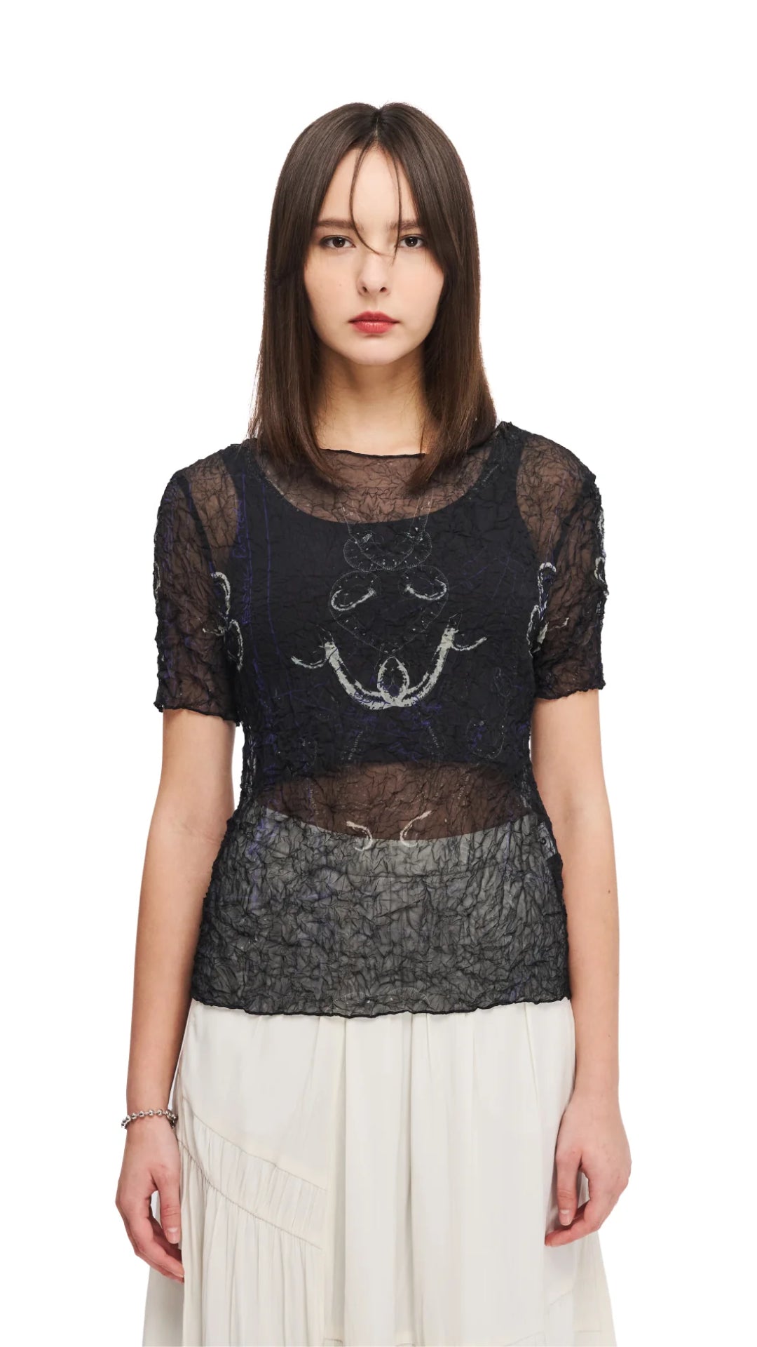 French Curve Ruler Print Crinkle Pleated Blouse - Women's Fashion Tops for Office, Party & Casual Wear