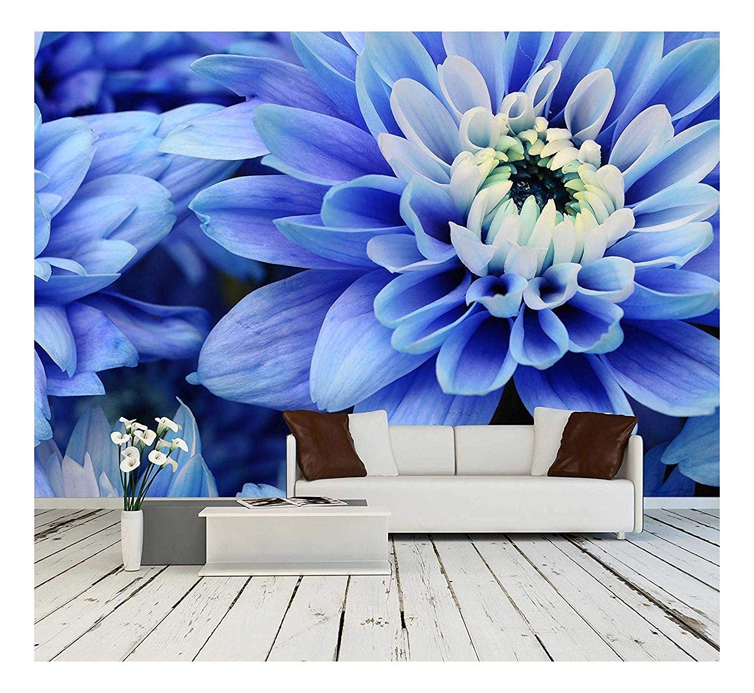 Blue Petals & White Heart Flower Wall Mural - Self-Adhesive Removable Wallpaper (100x144 inches) - Perfect for Living Room, Bedroom, or Office Decor | Wall26