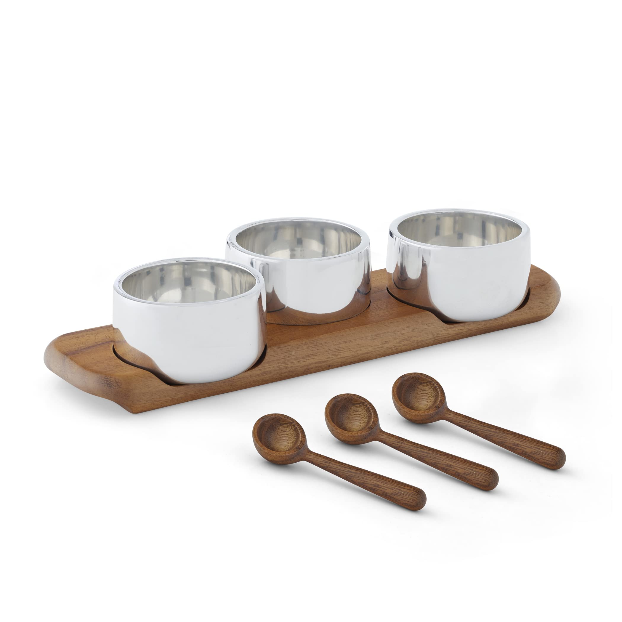 Nambe Triple Condiment Server with Spoons - Stainless Steel Alloy & Acacia Wood Dipping Bowls Set with Tray for Sauces, Dips, Appetizers - Oven Safe Serving Dish for Parties, BBQs, and Entertaining