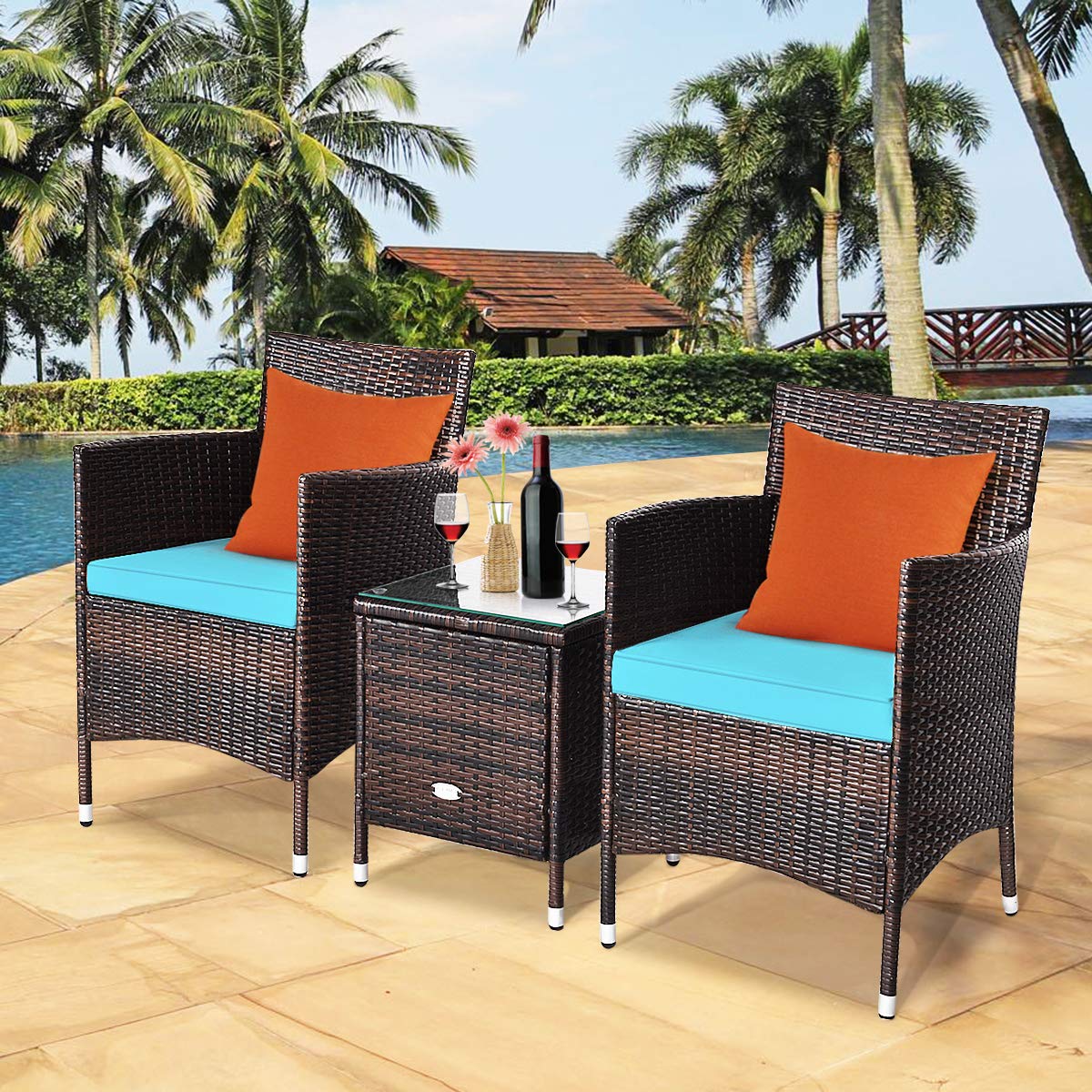 Renatone 3-Piece Patio Conversation Set - Outdoor Wicker Rattan Furniture with Thick Cushions, Coffee Table & Chairs for Patio, Garden, Lawn, Poolside | Perfect for Backyard Relaxation, Outdoor Dining & Entertaining