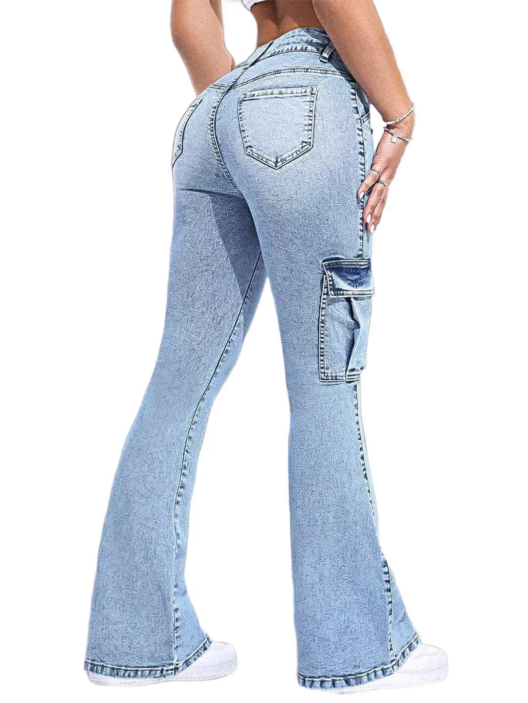 Flamingals Women's High Waist Cargo Jeans - Wide Leg Flare Denim Pants with Butt Lifting Design & Flap Pockets | Y2K Fashion for Casual Wear, Street Style & Retro Outfits