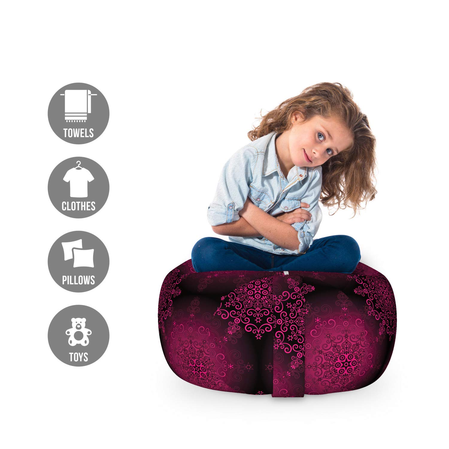 Ambesonne Purple Mandala Storage Toy Bag Chair - Psychedelic Digital Baroque Rococo Indie Design Stuffed Animal Organizer, Washable Small Size Maroon Magenta - Perfect for Kids' Room, Nursery, Playroom & Dorm Organization