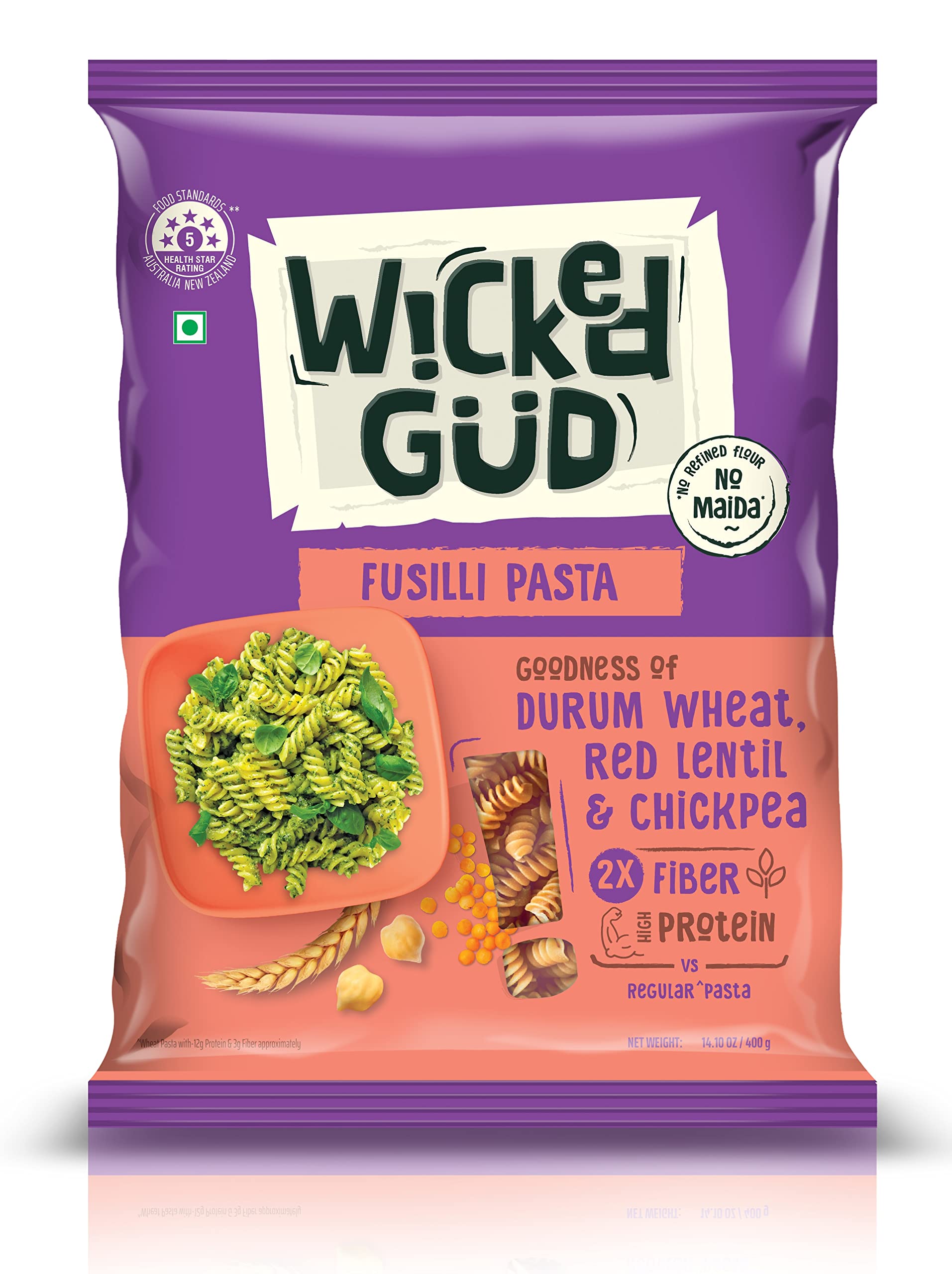 WickedGud 2X Fiber Fusilli Pasta - Healthy Durum Wheat Semolina & Brown Rice Pasta with Red Lentils | No Maida | 400g | Perfect for Keto, Vegan & Gluten-Free Diets | Great for Salads, Soups & Pasta Dishes