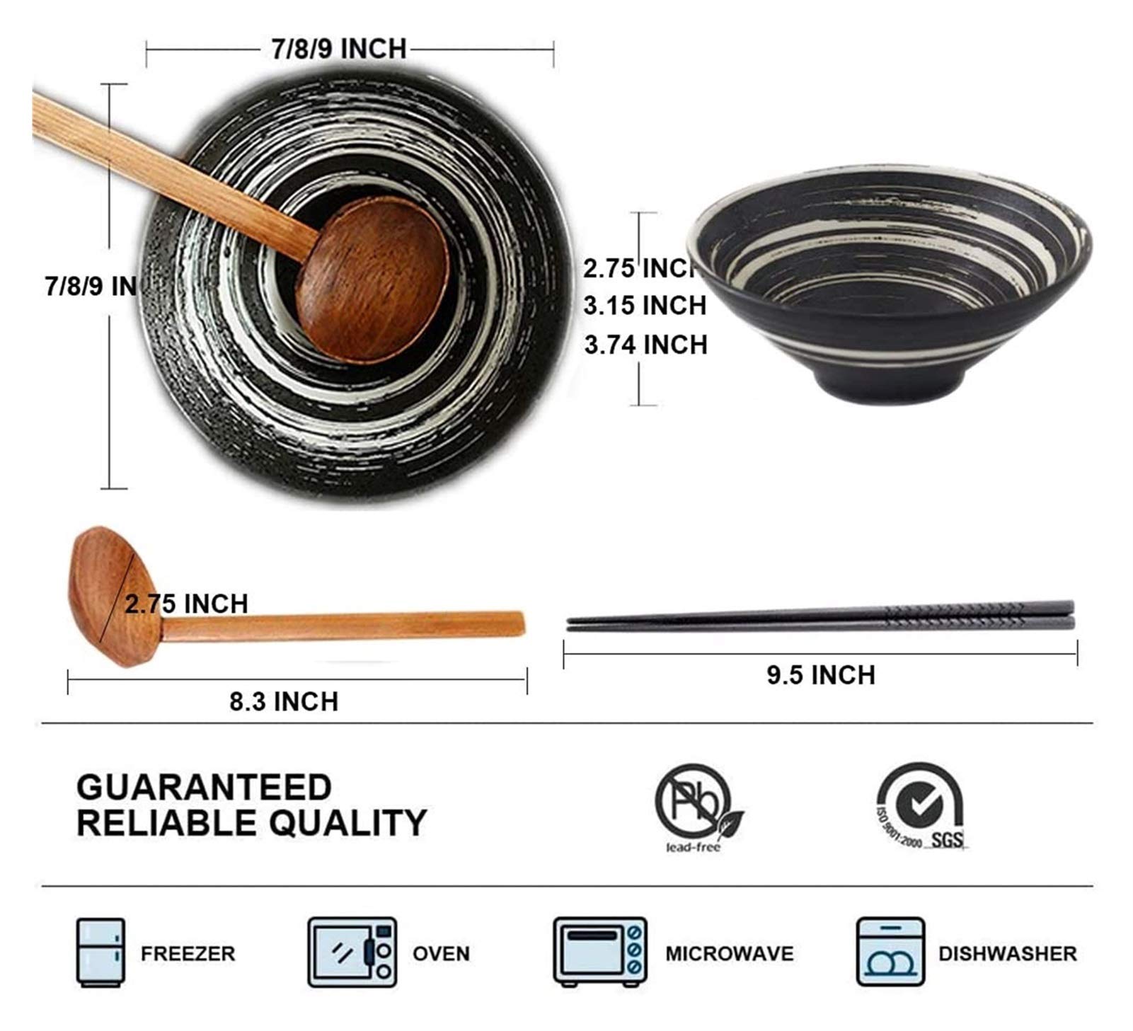 Japanese Ceramic Ramen Bowls Set with Matching Spoon & Chopsticks - Creative Soup Noodles Bowl for Kitchen & Dining - Perfect for Ramen, Udon, Pho and Asian Noodle Dishes