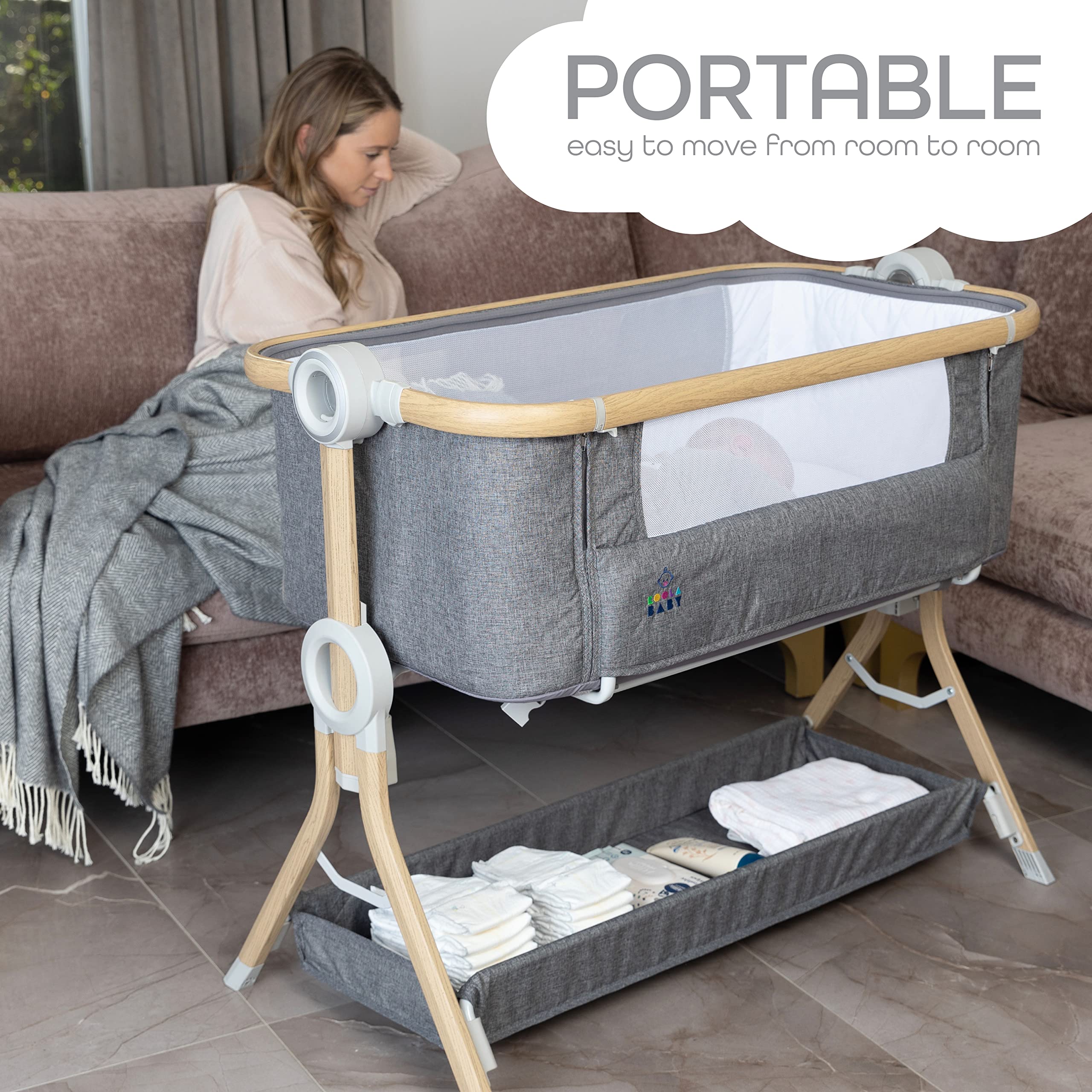KoolerThings Portable Baby Bassinet & Bedside Sleeper - Foldable Crib with Storage Basket, Comfortable Mattress & Travel Bag - Perfect for Newborns, Nursery, Bedroom & Travel Use