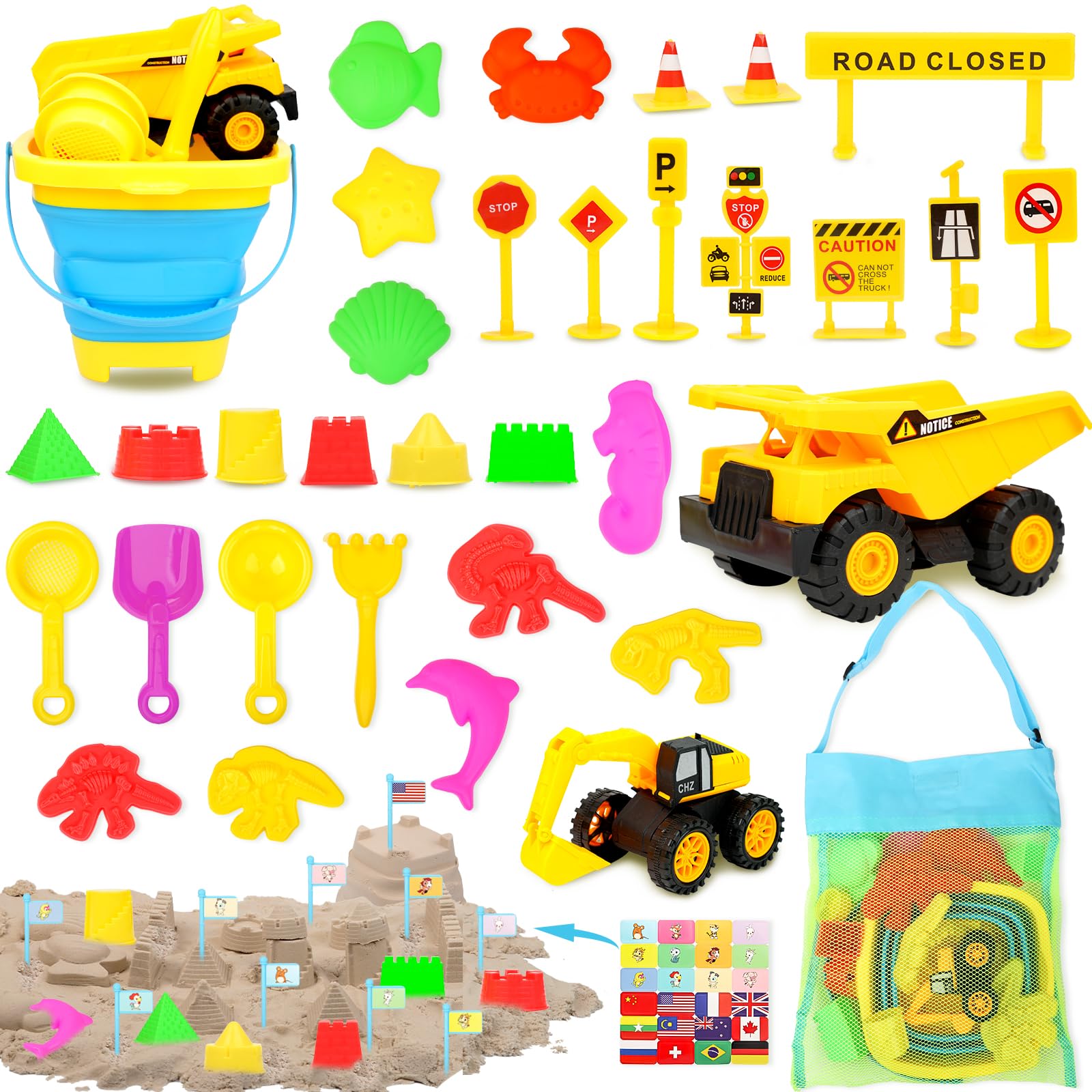 45 Pcs Beach Sand Toys Set with Sand Castle Kit, Dinosaur & Animal Molds, Mini Traffic Signs, Flag Trucks & Mesh Bag - Fun Outdoor Travel Toys for Kids & Toddlers - Perfect for Beach, Sandbox & Backyard Play