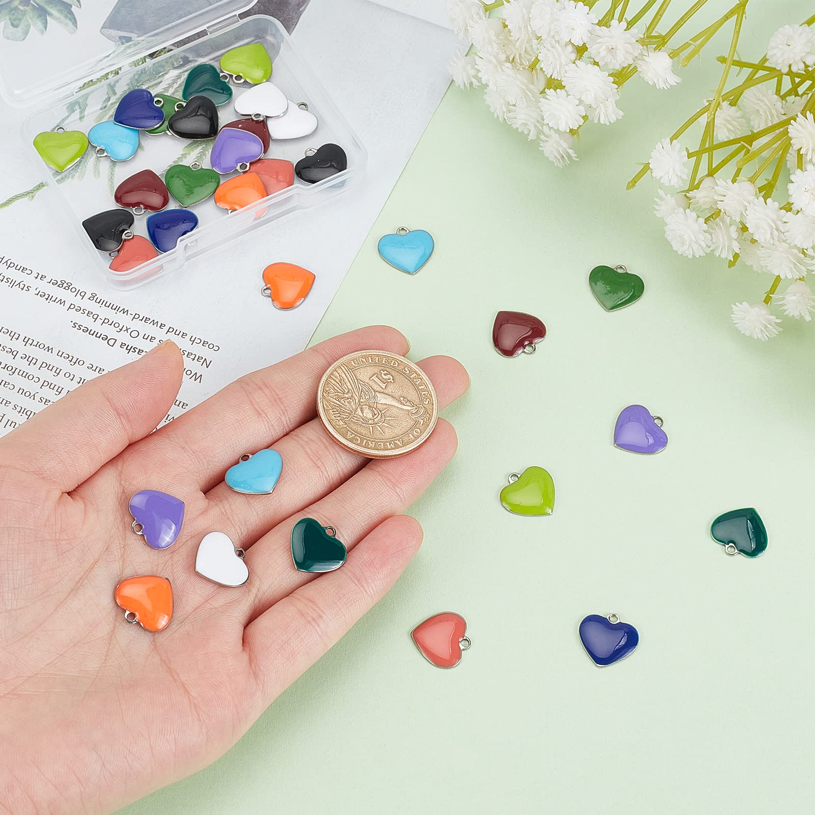 DICOSMETIC 44Pcs 11 Colors Stainless Steel Heart Shape Enamel Charms - Colorful Metal Heart Beads for DIY Bracelet & Necklace Making (1.5mm Hole) - Perfect for Jewelry Crafting, Gift Packaging & Scrapbooking Projects