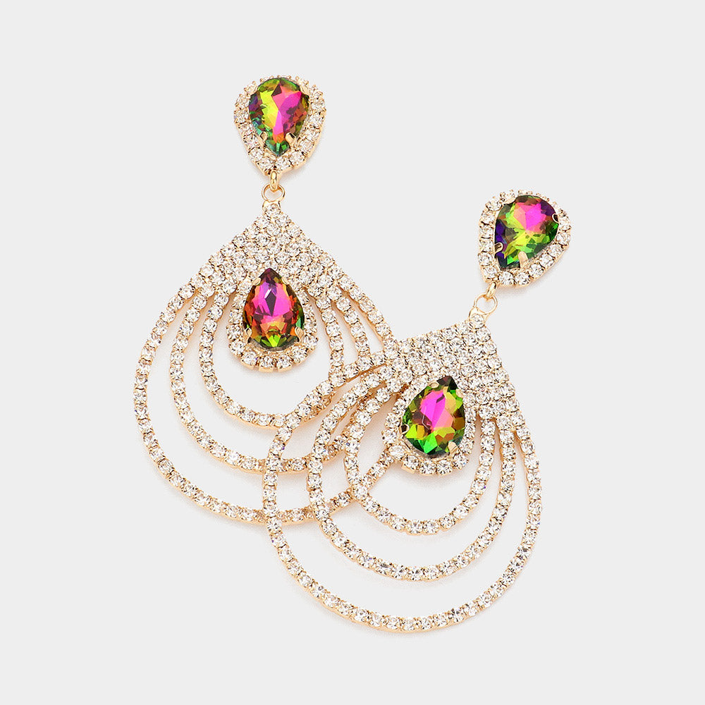 Big Multi Color Crystal Teardrop & Rhinestone Dangle Pageant Earrings in Gold | Elegant Prom Jewelry for Women | Perfect for Pageants, Weddings & Special Occasions | 616408