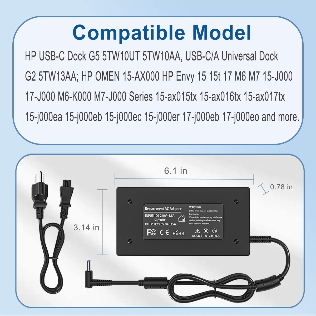 BURFLO 120W Laptop Charger for HP USB-C Dock G5 & OMEN/Envy Series - 4.5*3.0mm AC Power Adapter (Compatible with 5TW10AA, 5TW10UT, 5TW13AA, HP 15-AX000, 15-J000, 17-J000, M6-K000, M7-J000 Models) - Perfect for Home, Office & Travel Use