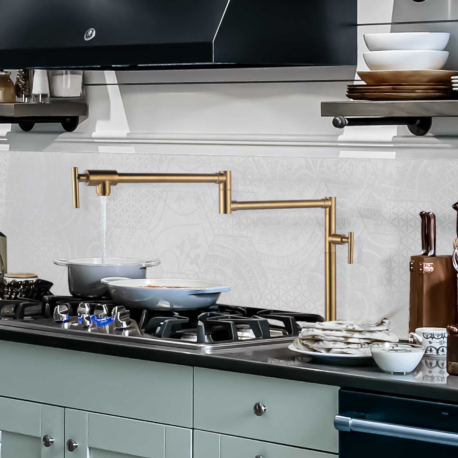 **Brass Deck Mount Pot Filler Faucet for Kitchen Sink - Brushed Gold Finish, Double Joint Swing Arms, Stove-Mounted Design - Perfect for Cooking, Filling Pots & Large Containers**