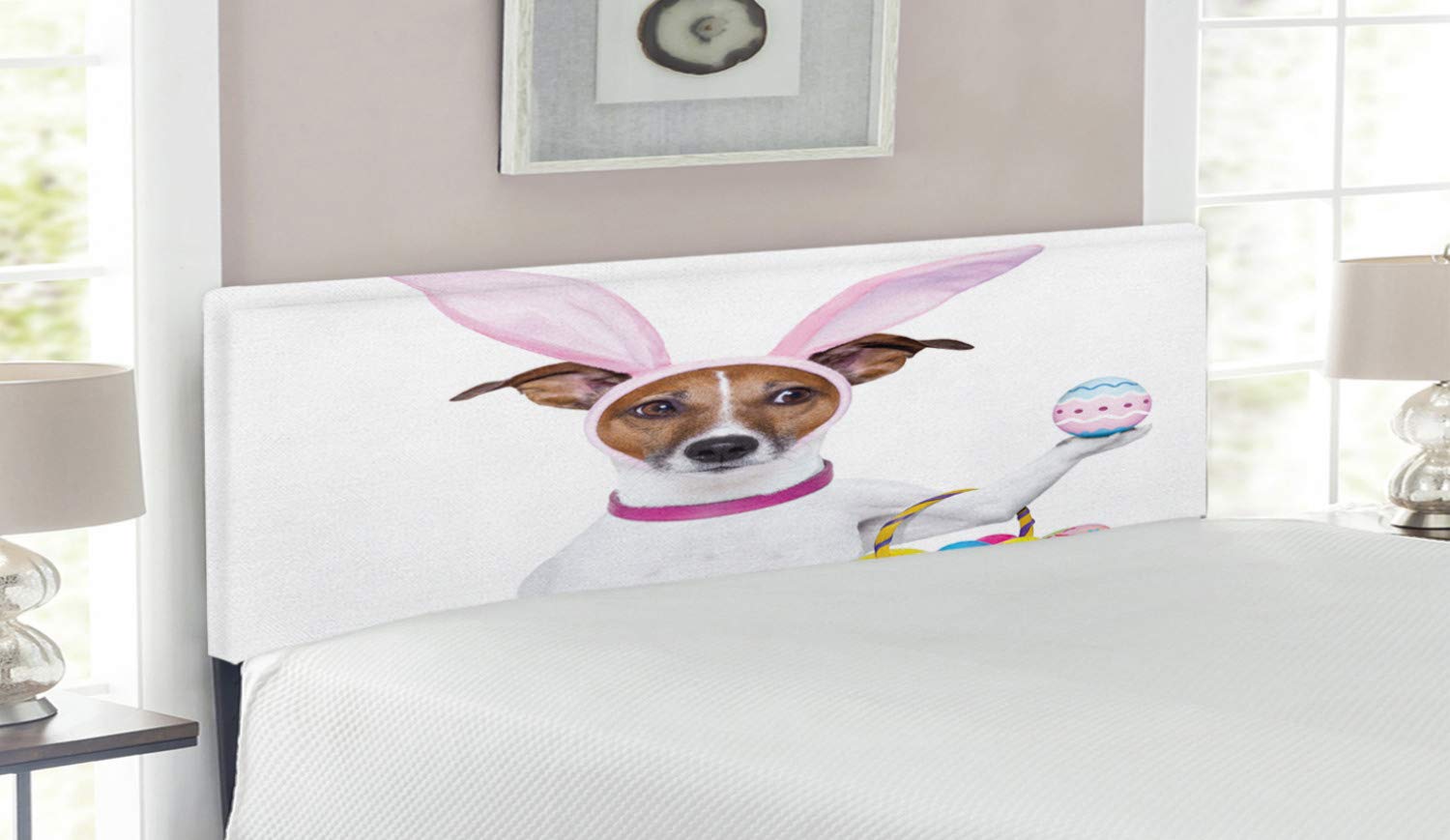 Ambesonne Easter Headboard - Funny Dog Dressed as Easter Bunny with Egg Basket, Upholstered Decorative Metal Bed Frame with Memory Foam, Queen Size Multicolor | Perfect for Easter Bedroom Decor & Holiday Themed Guest Rooms