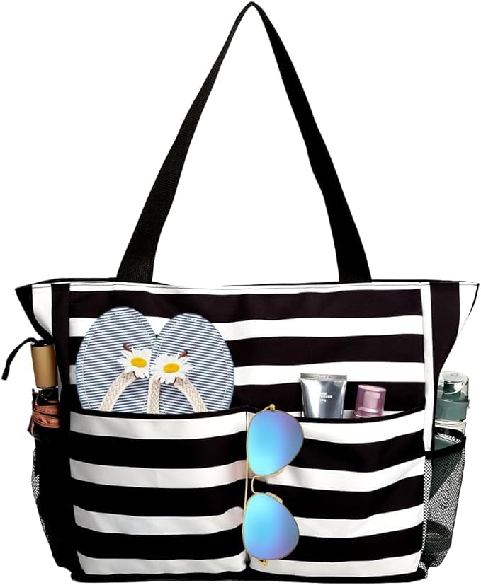 HirTa Women's Large Waterproof Western Hobo Shoulder Bag - Sandproof Beach Tote with Zipper & Wet Pockets for Travel, Pool, Grocery Shopping & Teacher Use - Black Checkered Pattern