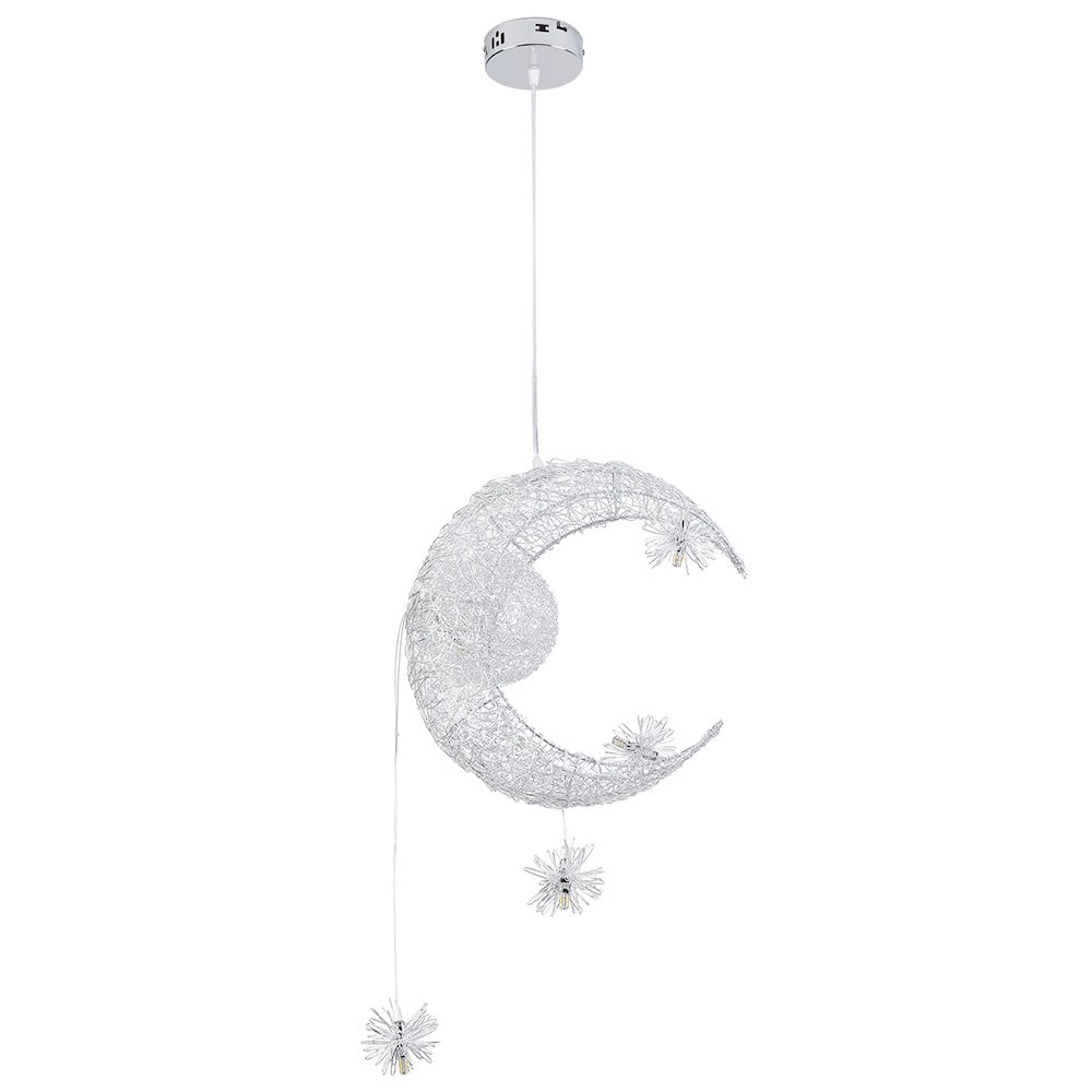 Modern Moon and Stars Pendant Chandelier - Adjustable LED Hanging Light for Girls Bedroom, Nursery, Kids Room (Silver) | Stylish Ceiling Lighting for Children's Spaces & Playrooms