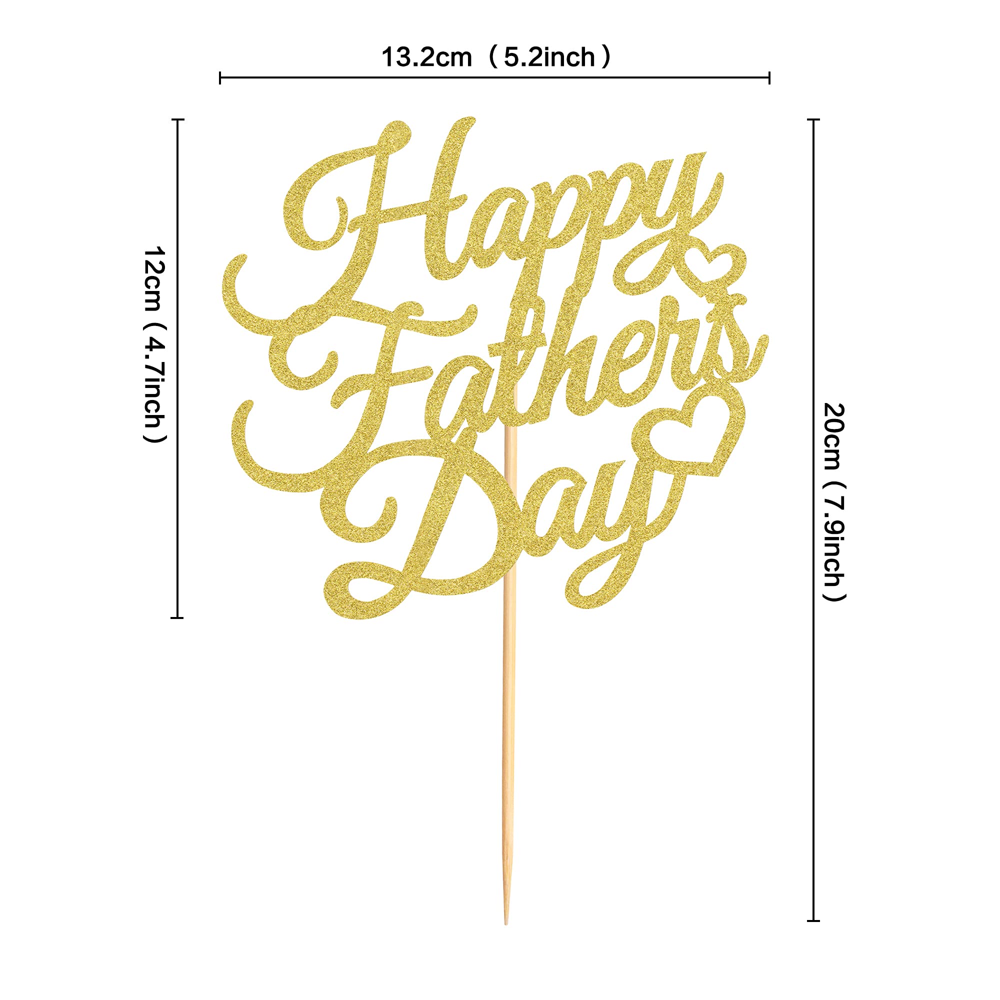 6 Pcs Gold Glitter Happy Father's Day Cake Toppers - Decorative Party Cake Decorations with Gold Letter Heart Design - Perfect for Father's Day Celebrations, Birthday Parties & Special Occasions