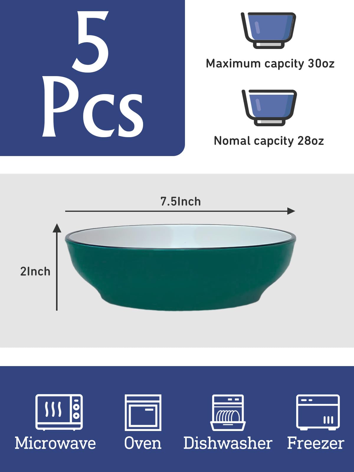 5-Piece Ceramic Pasta Bowls Set - 30oz Microwave & Dishwasher Safe for Soup & Salad - Kitchen & Dining Use