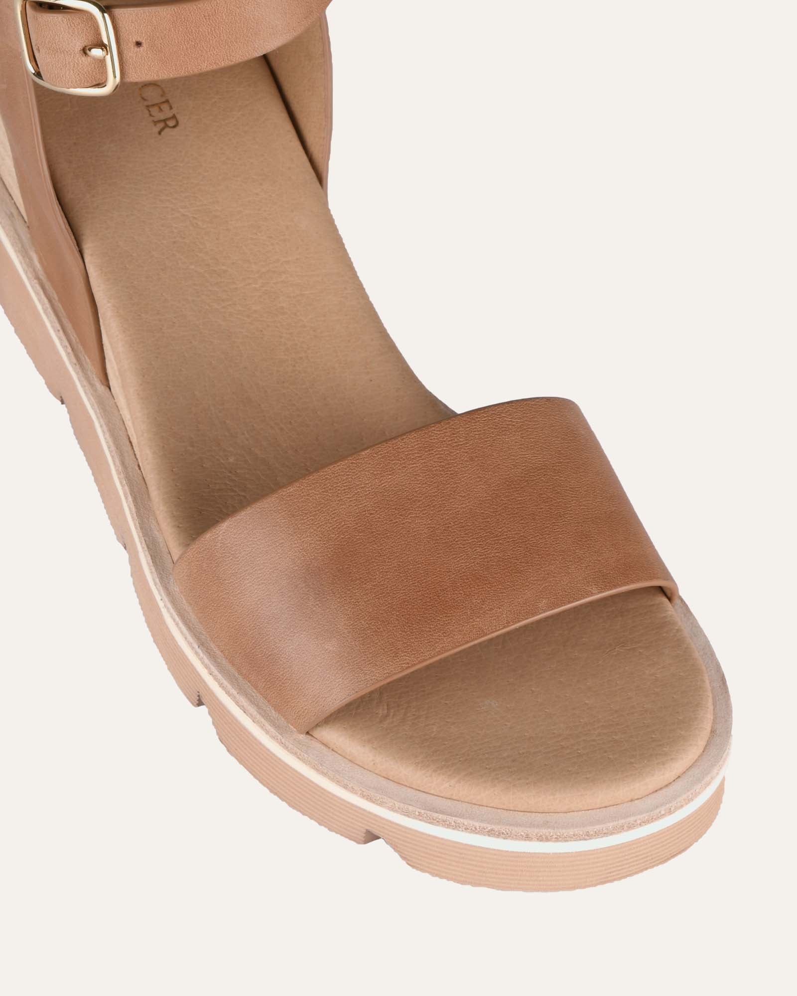 KATIE Women's Mid Heel Wedge Sandals - Tan Leather Comfortable Summer Shoes for Beach, Party & Casual Outings