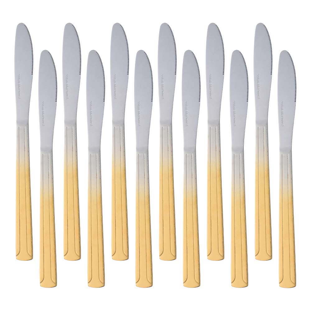Premium QIBOMOON 12-Piece Stainless Steel Dinner Knives Set - 8 Inch Commercial Grade Flatware with Gradient Gold Finish for Restaurants, Catering & Home Dining - Perfect for Steak, Seafood & Fine Dining Occasions