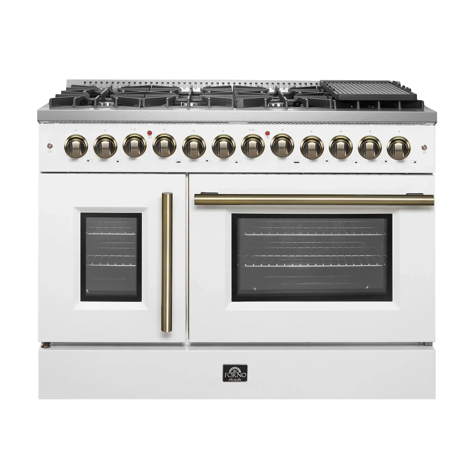 Forno Galiano 48-Inch French Door Dual Fuel Range with 8 Burners & Electric Convection Oven - White Antique Brass Trim (Model FFSGS6356 48WHT) | Perfect for Gourmet Kitchens & Professional Chefs