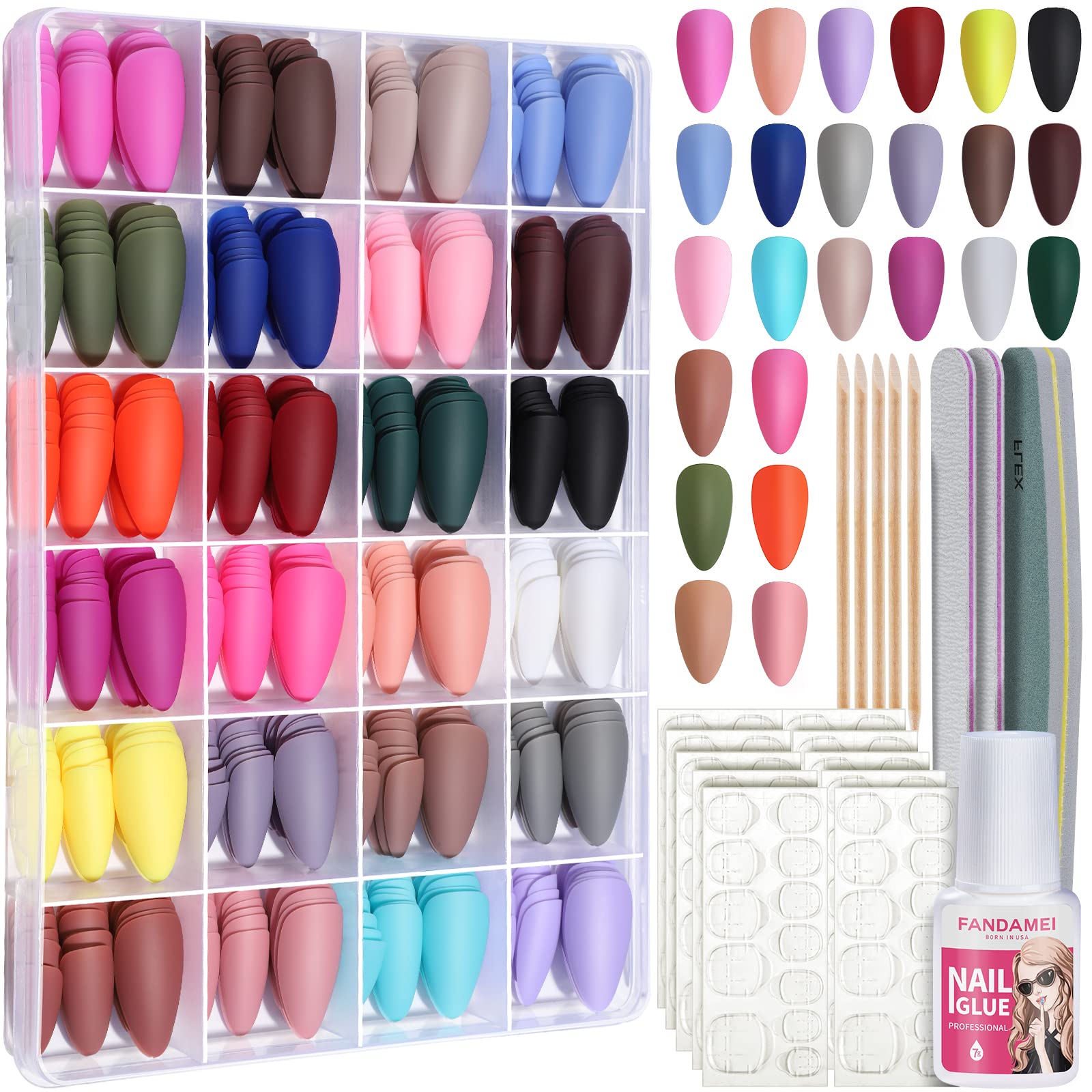 FANDAMEI 24 Colors 576PCS Almond Matte Press on Nails - Medium Length Acrylic Fake Nails with Glue, Full Cover Natural False Nails for Manicure, Salon, Party & Special Occasions