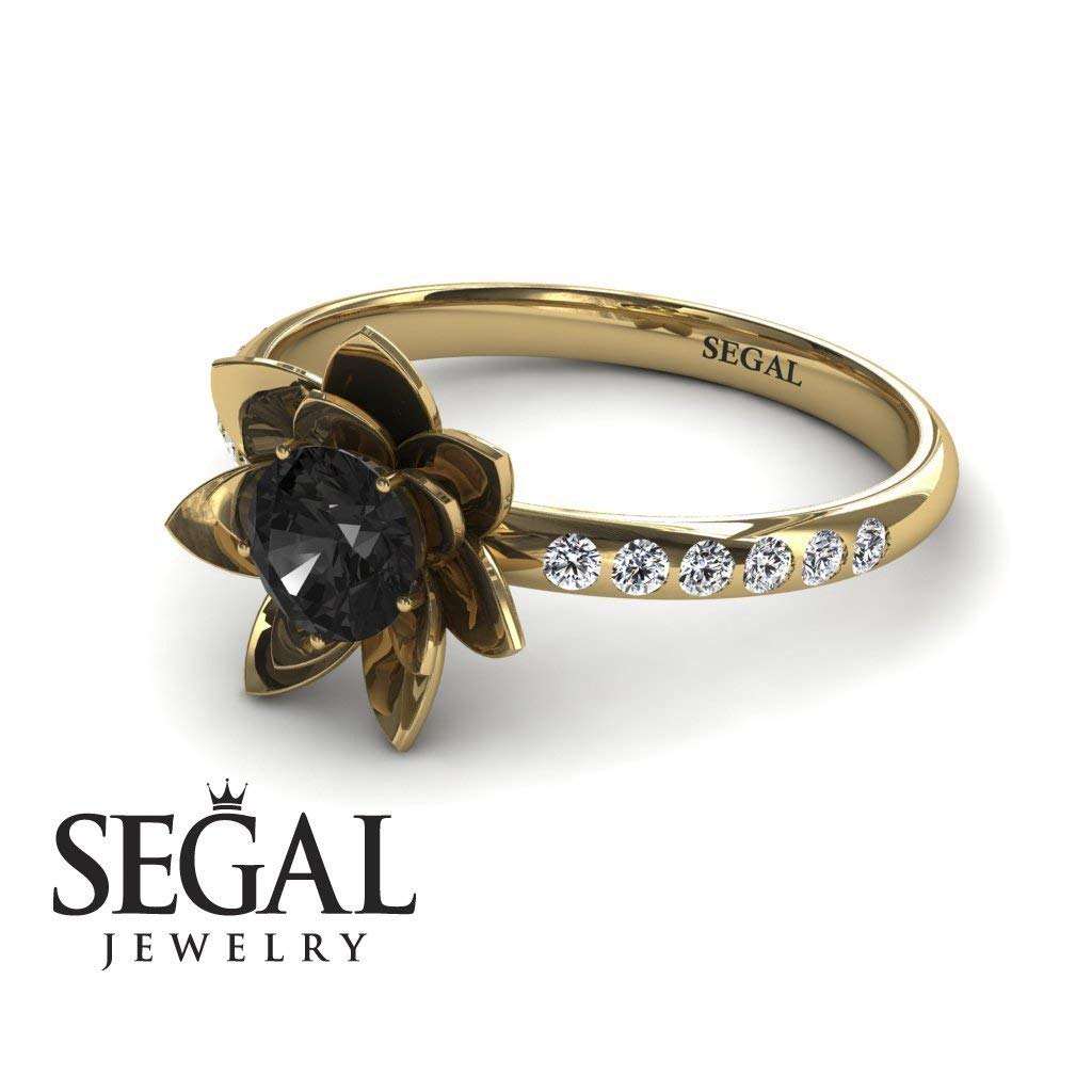 14K Yellow Gold Lotus Flower Engagement Ring with Black & White Diamonds - Elegant Wedding Band for Proposals, Anniversaries & Special Occasions