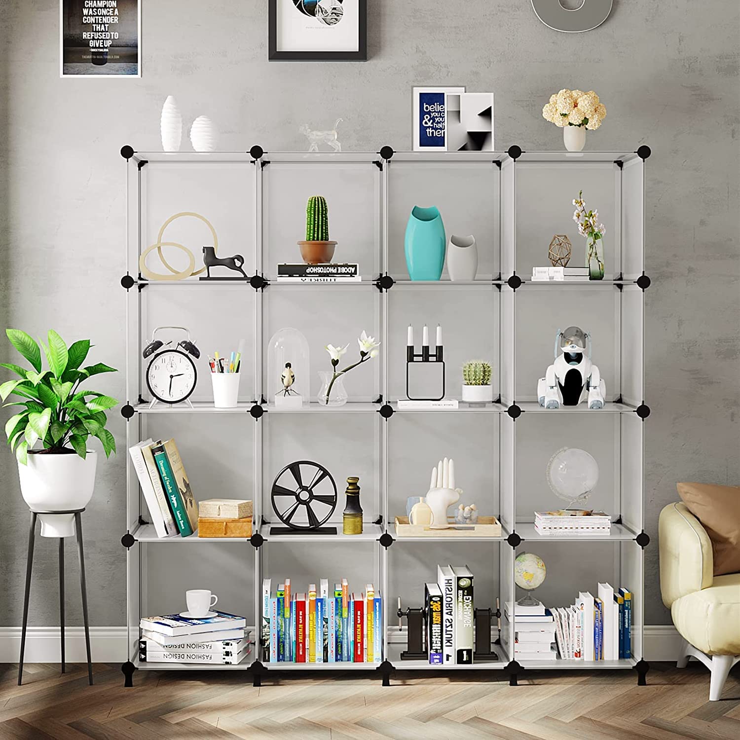 AWTATOS 16-Cube Storage Shelf, DIY Modular Cube Organizer, PP Plastic Stackable Shelves for Kids, Toy Storage, Foldable Cabinet, White ULPZ016 - Perfect for Kids' Room, Playroom, and Home Organization