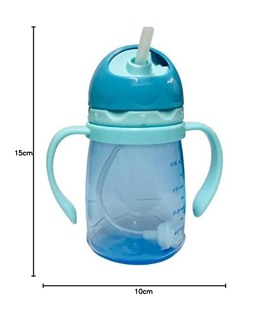 NABHYA Kids Spill-Proof Water Bottle with Gravity Ball Straw - 250ml Transparent Plastic Sippy Cup with Handles for Toddlers - Ideal for School, Travel & Outdoor Activities (Blue)