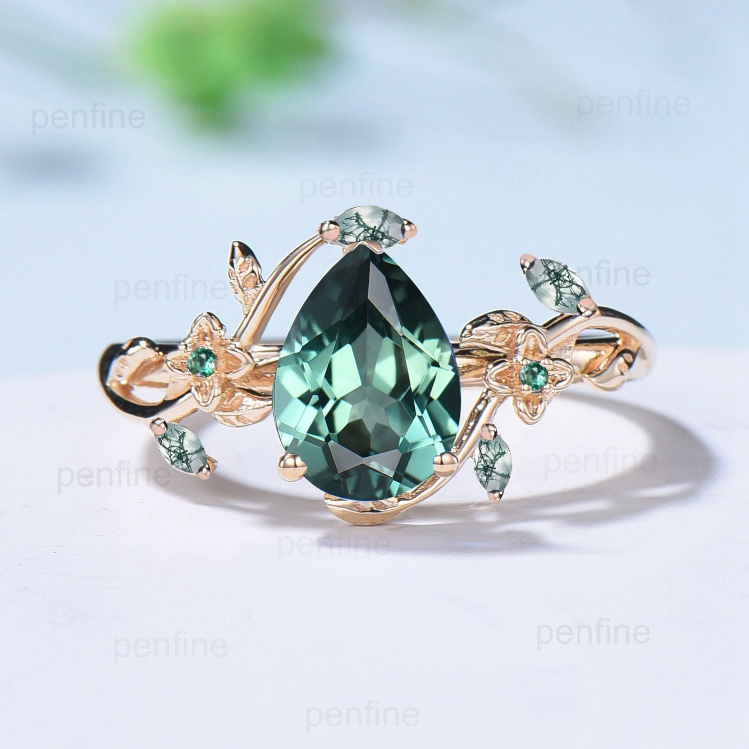 Elegant Pear Green Sapphire Ring – Nature Inspired Teal Sapphire Engagement Ring with Flower Green Agate – Wedding Ring Emerald Branch Leaf Vine Design – Perfect for Engagement, Anniversary & Special Occasions