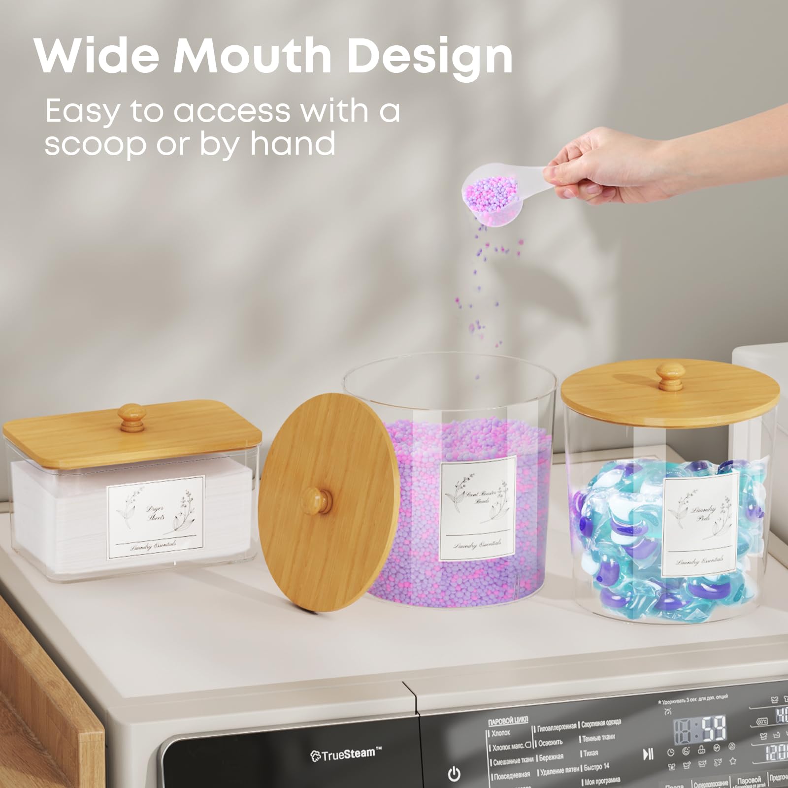 3 Pack Laundry Detergent Storage Containers with Lids - Plastic Laundry Room Organization Jars for Powder, Dryer Sheets & Scent Boosters - Includes Labels & Scoops - Perfect for Organized Laundry Room & Closet Storage