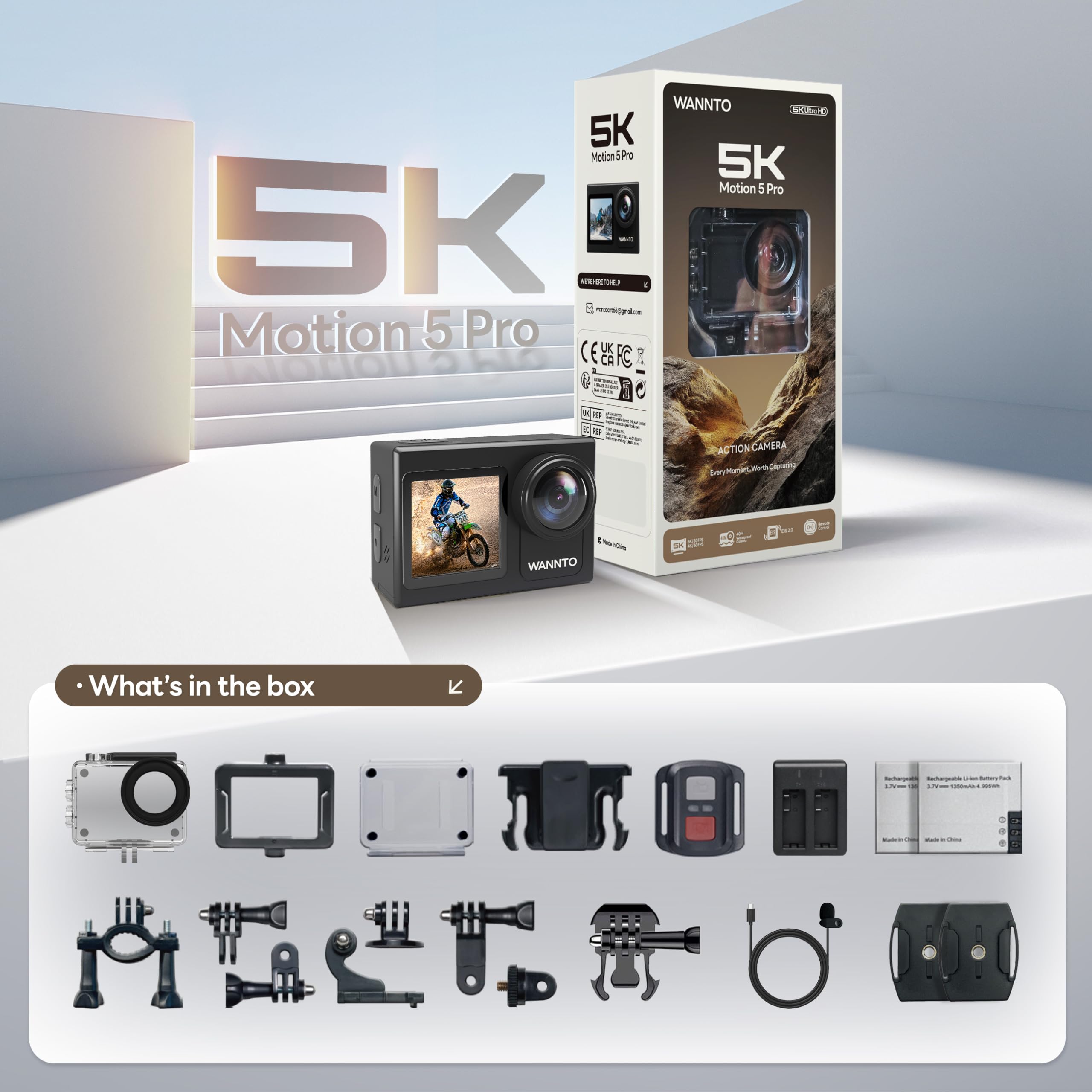 WANNTO 5K Action Camera 40M Waterproof Underwater Camera 24MP WiFi 170° Wide Angle Dual Screen EIS, Touch Screen, with External Mic, 2x1350mAh Batteries (Motion 5 Pro) - Perfect for Vlogging, Diving, Surfing & Outdoor Adventures