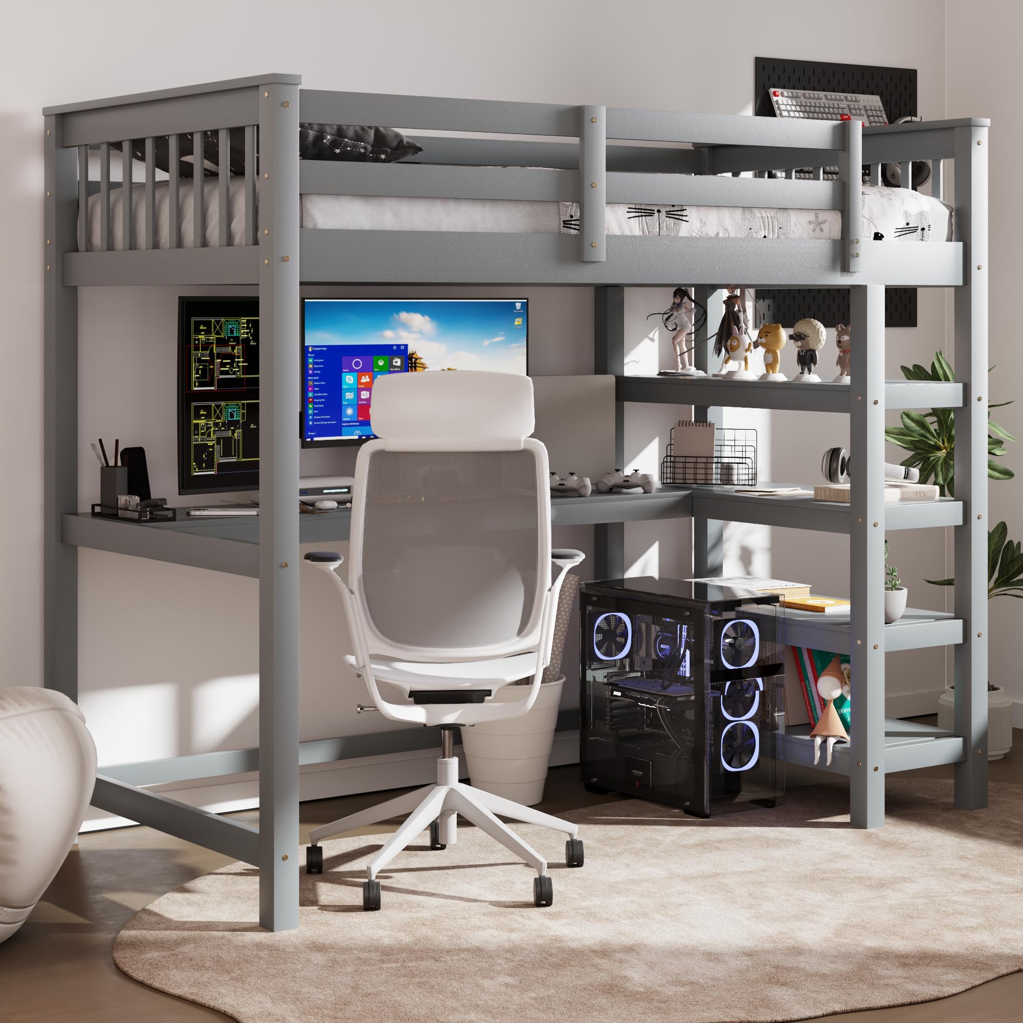 Merax Twin Size Wood Loft Bed with Built-in Desk & 4 Storage Shelves - Solid Wood Study Bed for Small Spaces - Perfect for Kids Rooms, Dormitories & Studio Apartments (Grey)