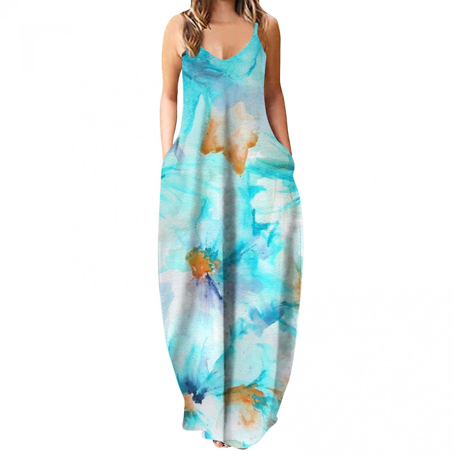 Changeshopping Women's Casual Sleeveless Summer Dress 2022 - V Neck Loose Comfortable Beach Sundress with Pockets for Vacation, Pool Party & Outdoor Activities