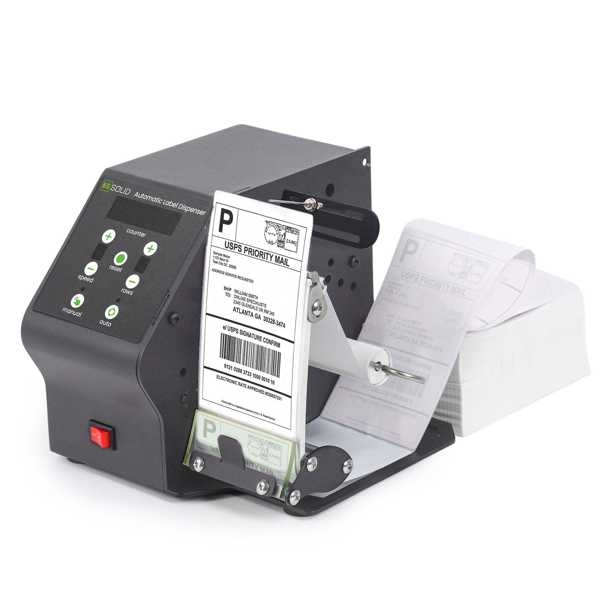 U.S. Solid Automatic Label Dispenser for Rolls & Fanfold Labels - Electric Label Applicator for Clear/Opaque Labels w/Counter, Preset Quantity & Adjustable Speed - Max 4.7