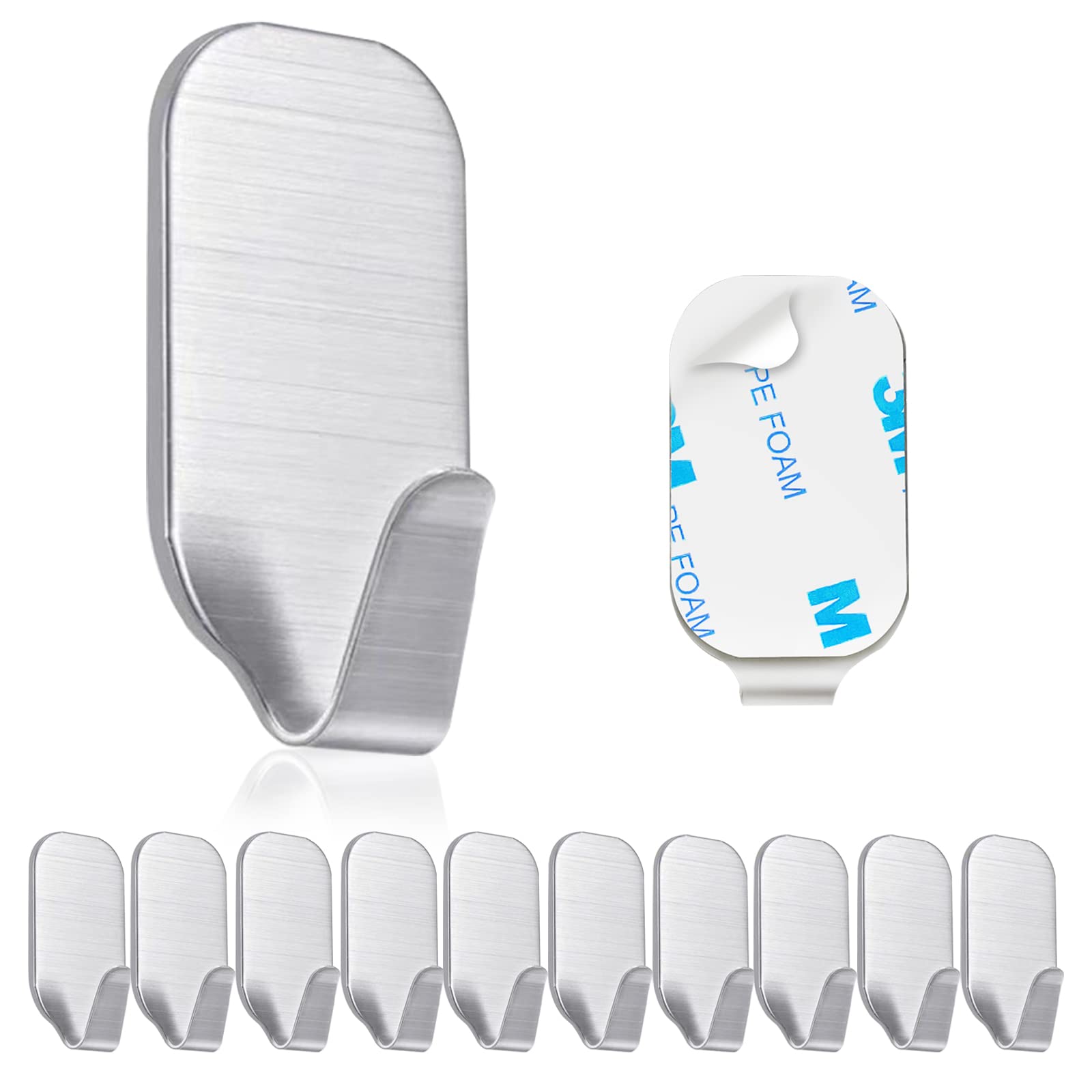 Minicoco 10-Pack Self Adhesive Hooks - Stainless Steel Stick-On Wall Hooks for Kitchen, Bedroom, Bathroom & Office Organization - Perfect for Hanging Towels, Keys, Coats & Decor