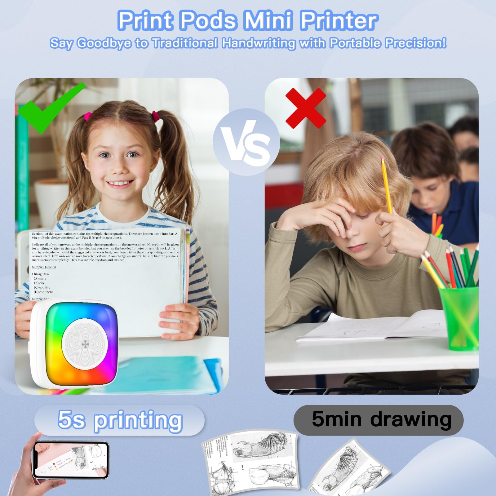 Mini Sticker Printer with 6 Rolls Paper - Portable Thermal Label Maker for DIY Scrapbooking, Travel Journal, Notes & Memos - 7 Color LED Light Modes - Wireless Bluetooth Compatible with iPhone & Android Phones (Perfect for Home Office, School Projects & Gift Wrapping)
