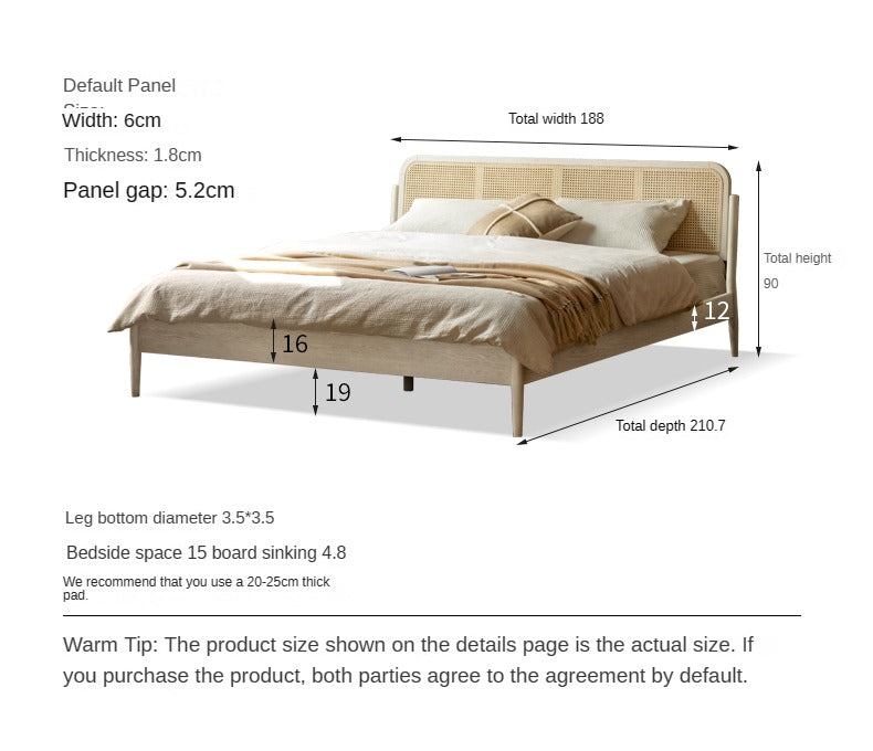 Solid Oak Wood Rattan Bed Frame - Queen Size, Natural Finish - Perfect for Bedroom, Guest Room & Farmhouse Decor
