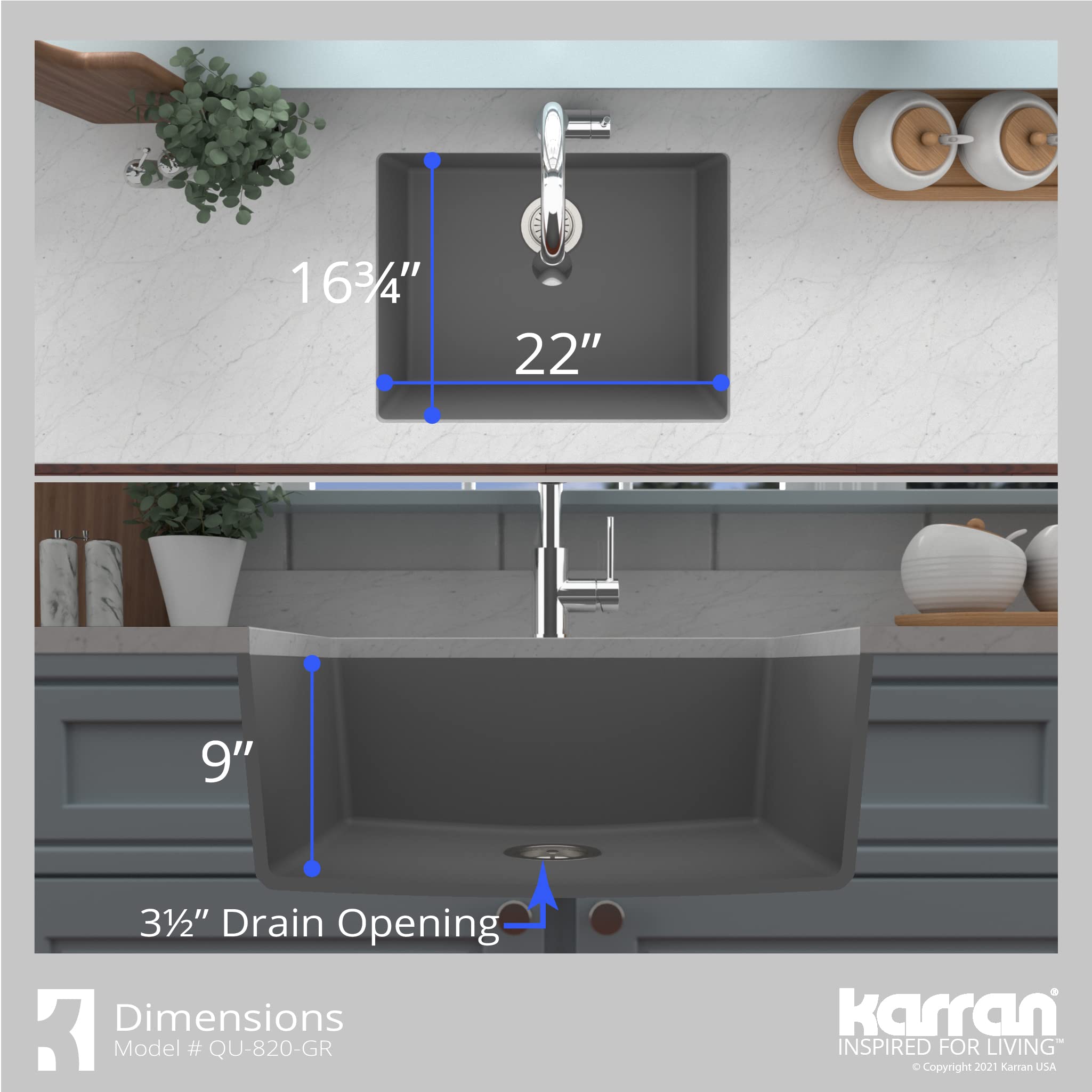Karran QU-820 Undermount 24.38 Inch Single Bowl Quartz Kitchen Sink Kit in Grey - Durable Stain-Resistant Sink for Modern Kitchens & Food Prep Areas
