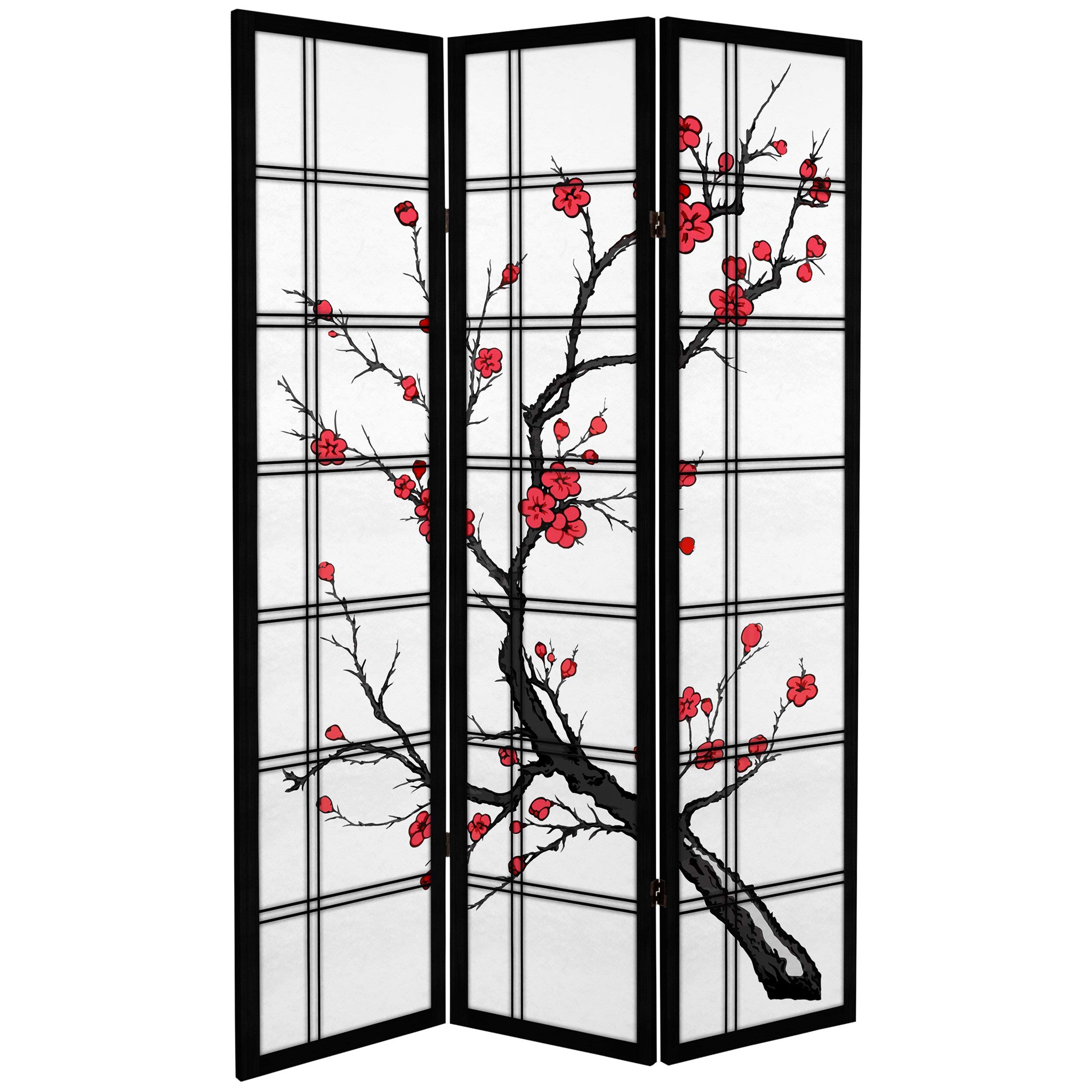 6 ft. Tall Black Cherry Blossom Room Divider - 3 Panel Folding Privacy Screen - Oriental Style Canvas Partition for Home, Office & Event Decor