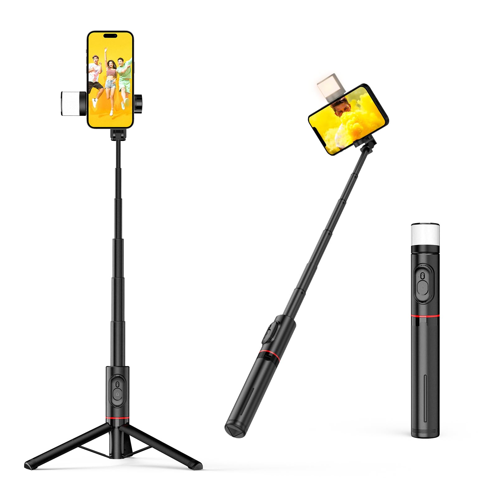 Moman Q12S 77cm Aluminum Selfie Stick Tripod with Fill Light - 360° Rotatable All-in-1 Phone Tripod Stand & Holder for Smartphones | Perfect for Travel, Vlogging, Live Streaming & Group Photos