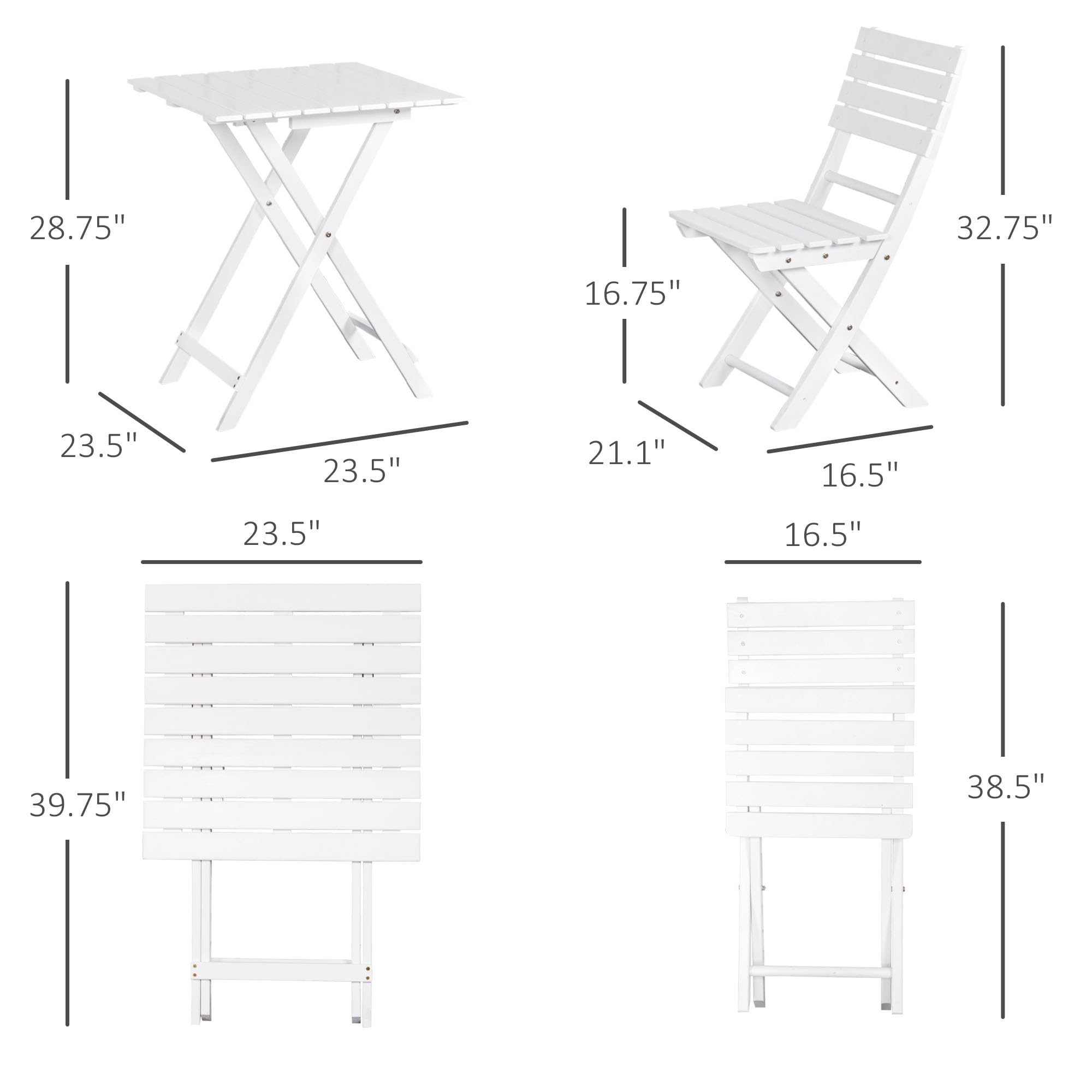 Outsunny 3-Piece Wood Folding Bistro Set with Square Table & Chairs - White Outdoor Patio Furniture for Backyard, Balcony, Garden & Small Spaces