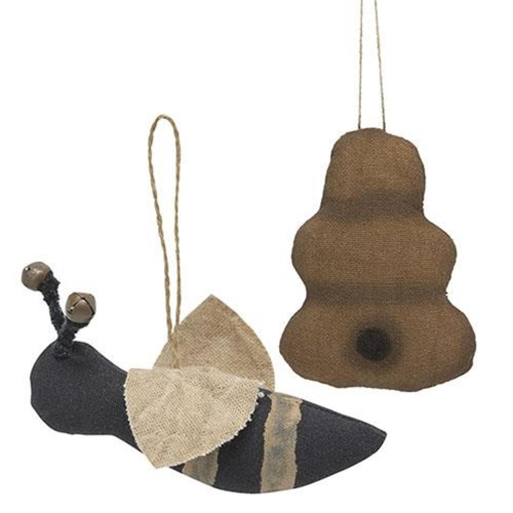 2-Pack Primitive Bumble Bee and Hive Ornaments - Rustic Farmhouse Decor for Wall, Shelf or Christmas Tree - Perfect for Home, Office and Gift Giving