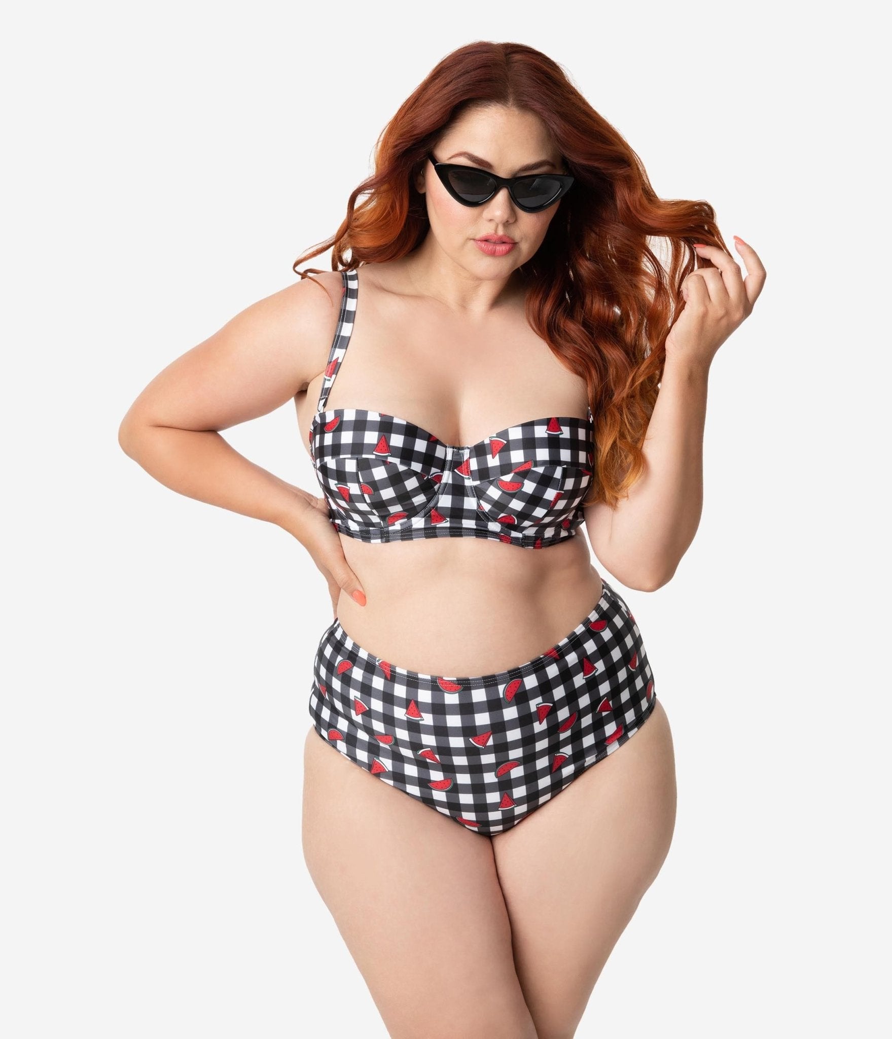 Playful Promises Black & White Gingham Watermelon Print Swim Bottoms - High Waisted Retro Bikini Bottoms for Women, Summer Beach Swimwear (Perfect for Pool Parties & Tropical Vacations)