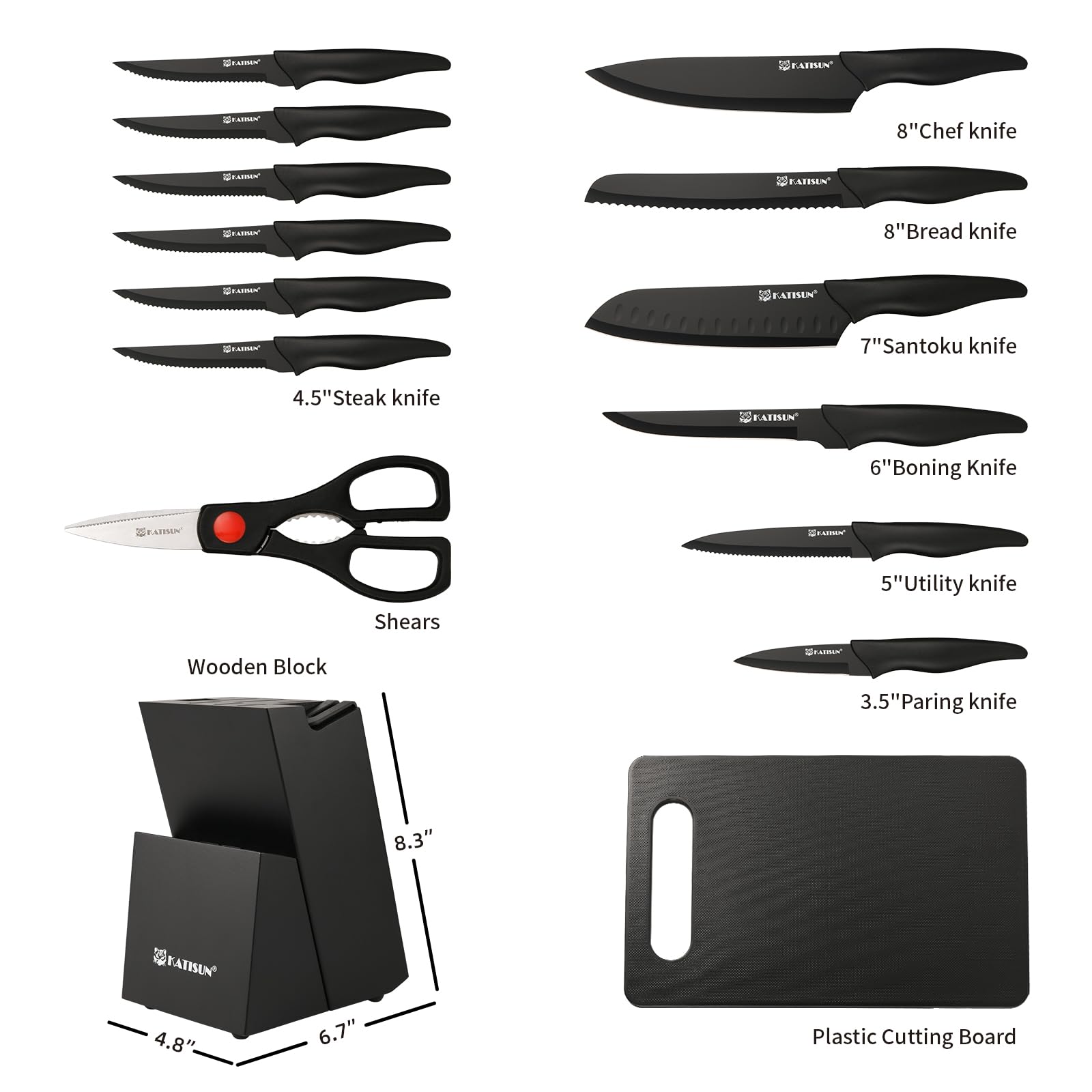 16-Piece German Stainless Steel Kitchen Knife Set with Wooden Block, Cutting Board & Sharpener - Dishwasher Safe, Anti-Slip Handles, Includes 6 Steak Knives (Black) - Perfect for Home Chefs, Cooking Enthusiasts & Professional Kitchens