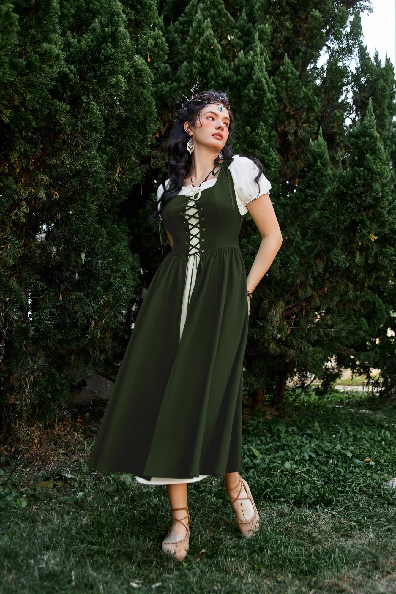 Scarlet Darkness Women's Renaissance Dress - Peasant Medieval Maxi Dress with Short Sleeves | Perfect for Renaissance Faires, Cosplay & Historical Reenactments