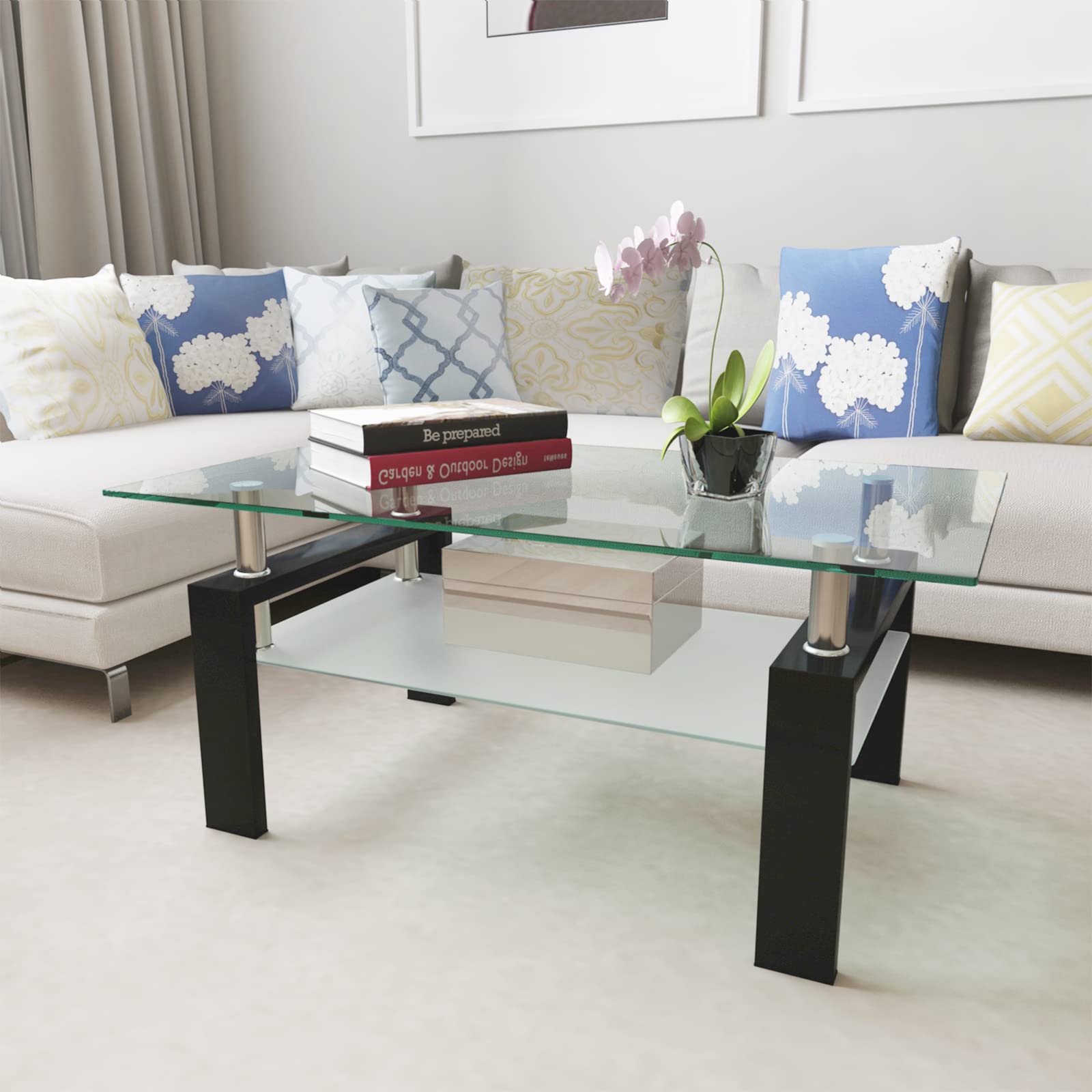 Modern Black Tempered Glass Coffee Table with Storage Shelf & Metal Frame - Stylish Living Room Side Table for Home Decor, Entertaining & Small Space Storage