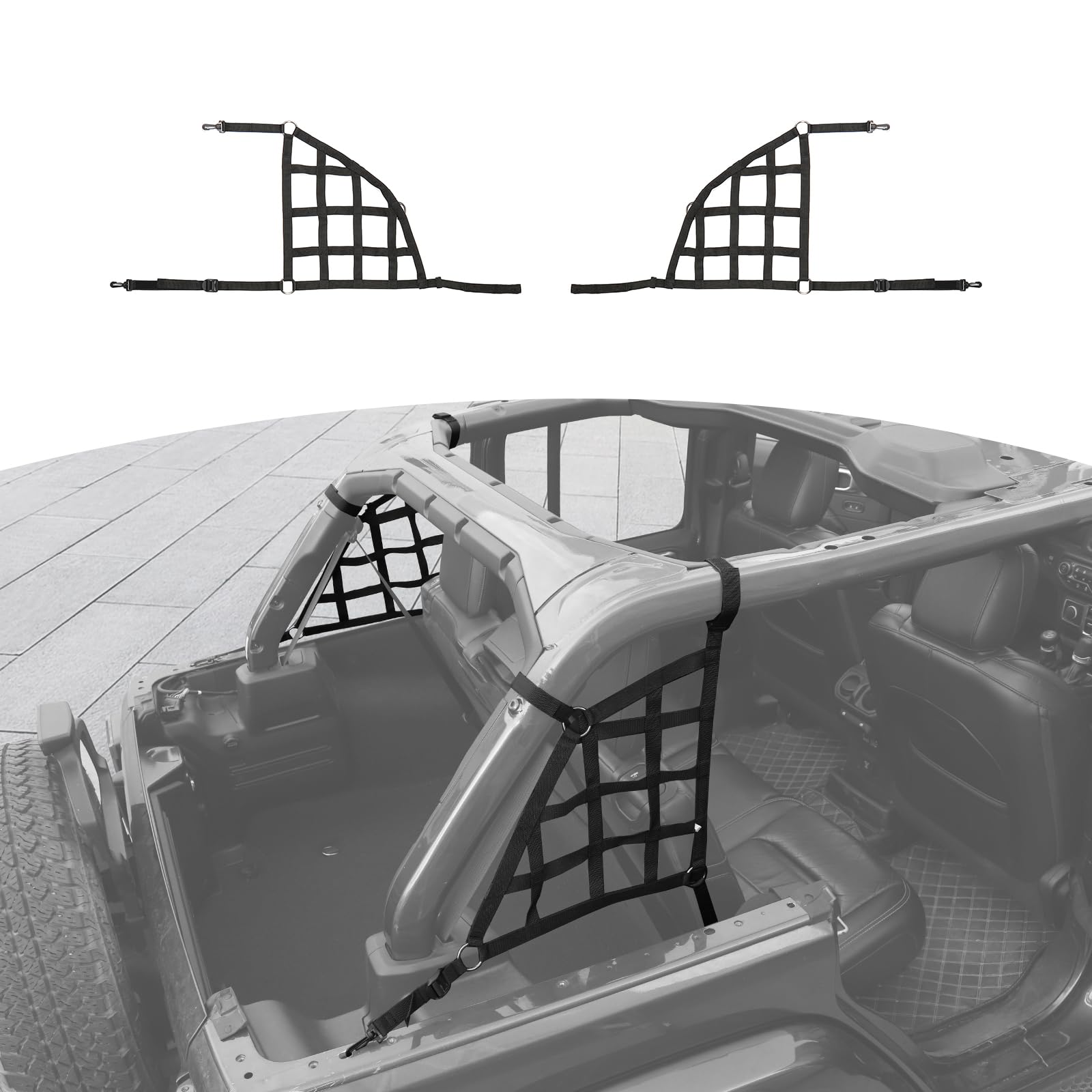 Jeep Wrangler JL JLU 4-Door Mesh Cargo Trunk Side Net Restraint - 2-Pack Black Storage Accessories for 2018+ Models | Roof Top Baggage Organizer for Camping & Off-Road Adventures