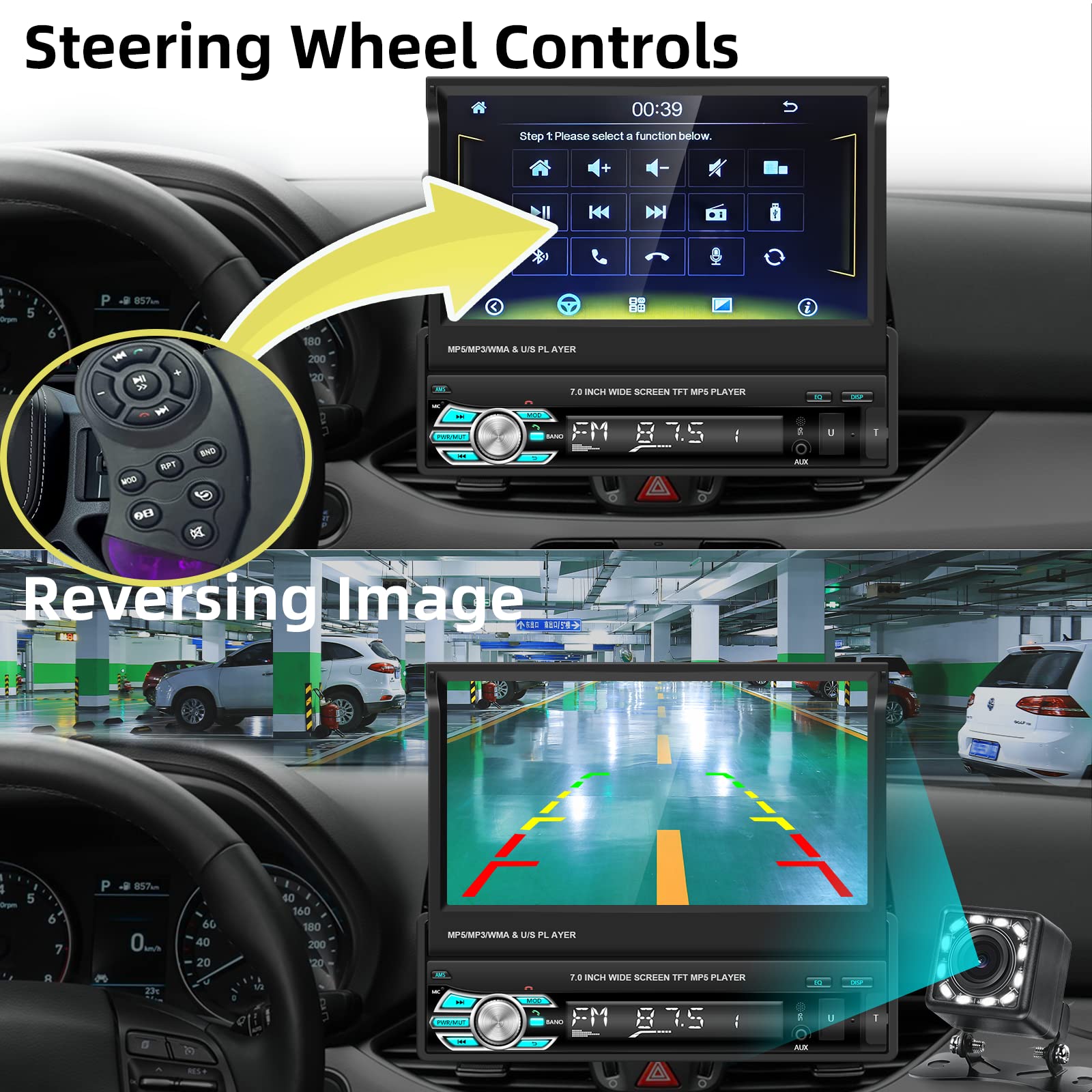 7 Inch Single Din Car Stereo with Apple CarPlay & Android Auto - Touch Screen Flip Out Car Radio with Bluetooth, FM, USB, TF, AUX Input & Reverse Camera - Perfect for Road Trips & Daily Commuting