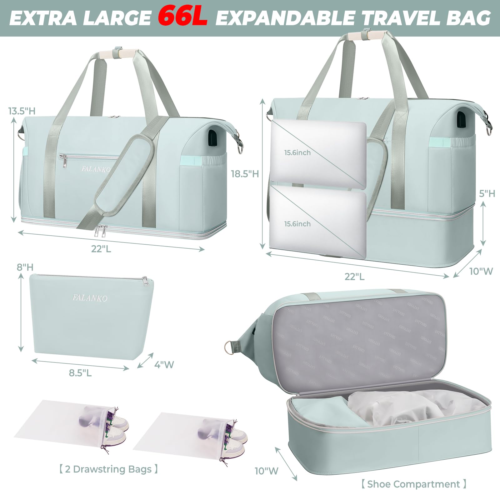 **Extra Large 66L Expandable Weekender Bag for Women - Travel Duffel with Shoe Compartment, Toiletry Bag & Waterproof Pocket - USB Charging Carry-On Backpack for Gym, Hospital, Beach, Overnight Trips & Weekend Getaways**