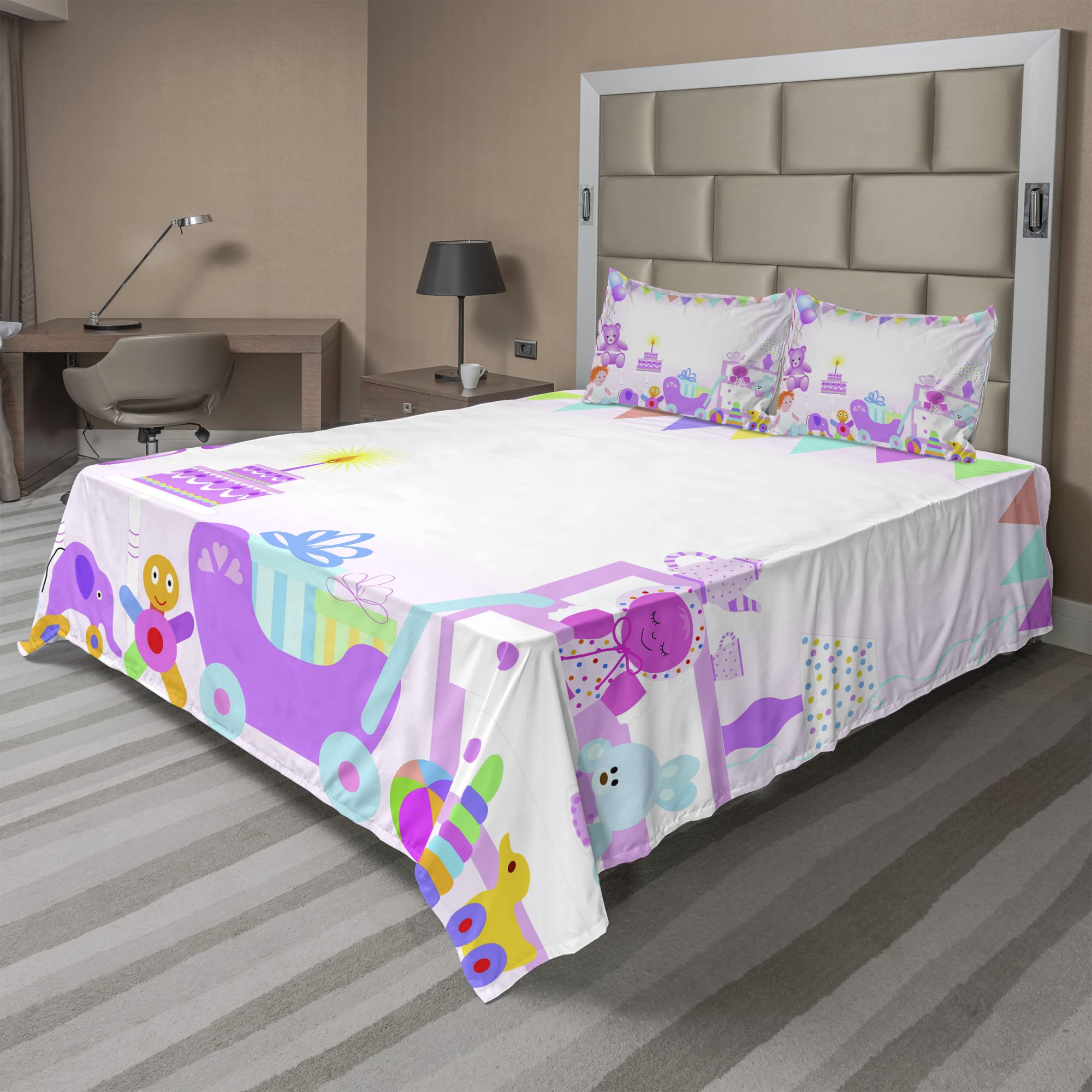 Ambesonne Girls Birthday Party Sheet Set - 4 Piece King Size Bedding with Flags & Bears Print, Pale Pink - Perfect for Birthday Celebrations, Sleepovers & Themed Bedrooms