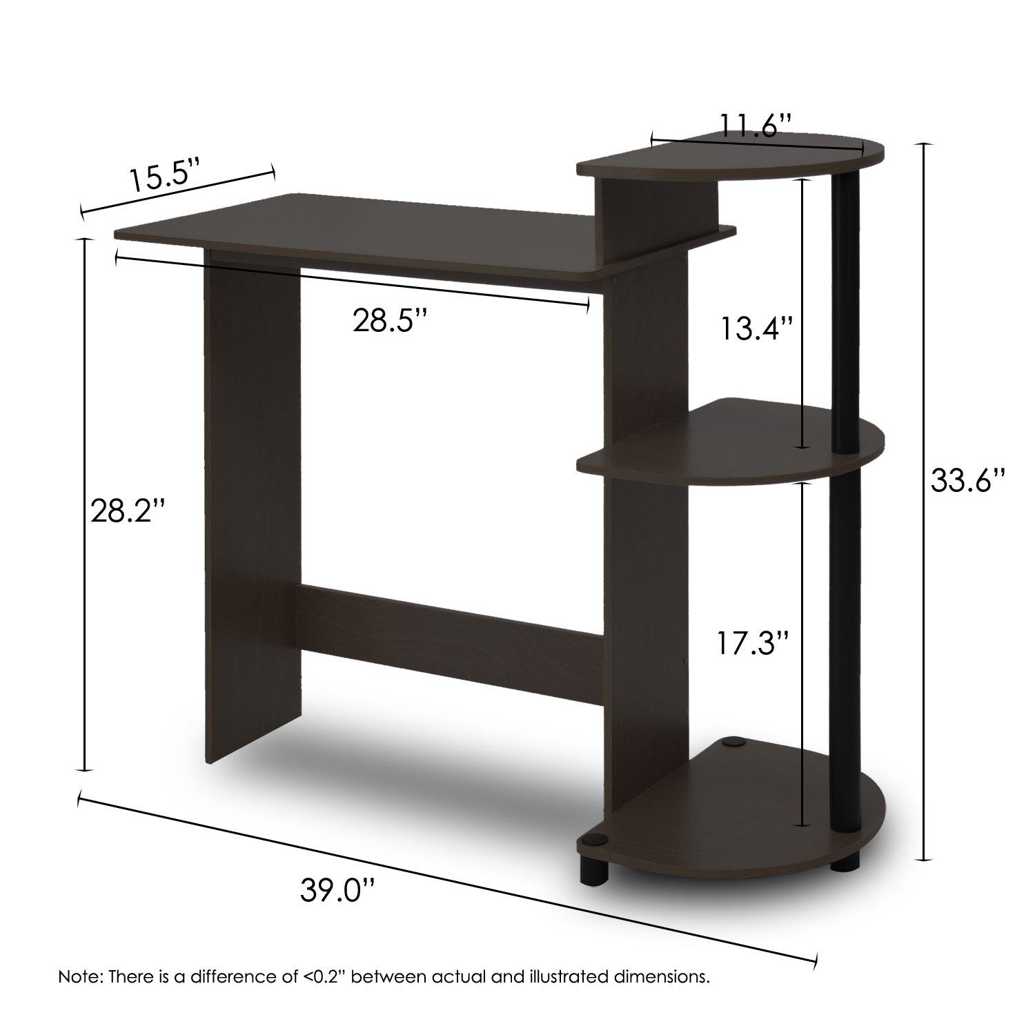 Furinno Compact Computer Desk with Shelves - Small Round Corner Desk for Home Office, Espresso/Black Finish | Perfect for Small Spaces, Dorm Rooms & Apartment Workspaces