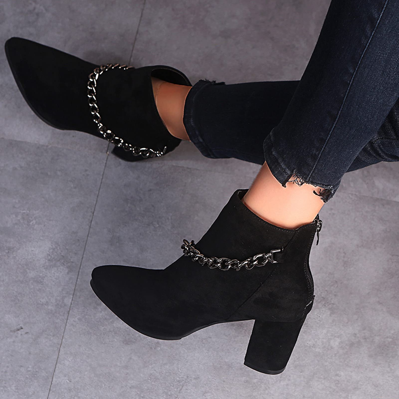 Women's Winter Ankle Boots with Chain Detail - Black Cowgirl Boots for Women, Low Heel Work Boots | Perfect for Western Fashion, Casual Outfits & Outdoor Activities